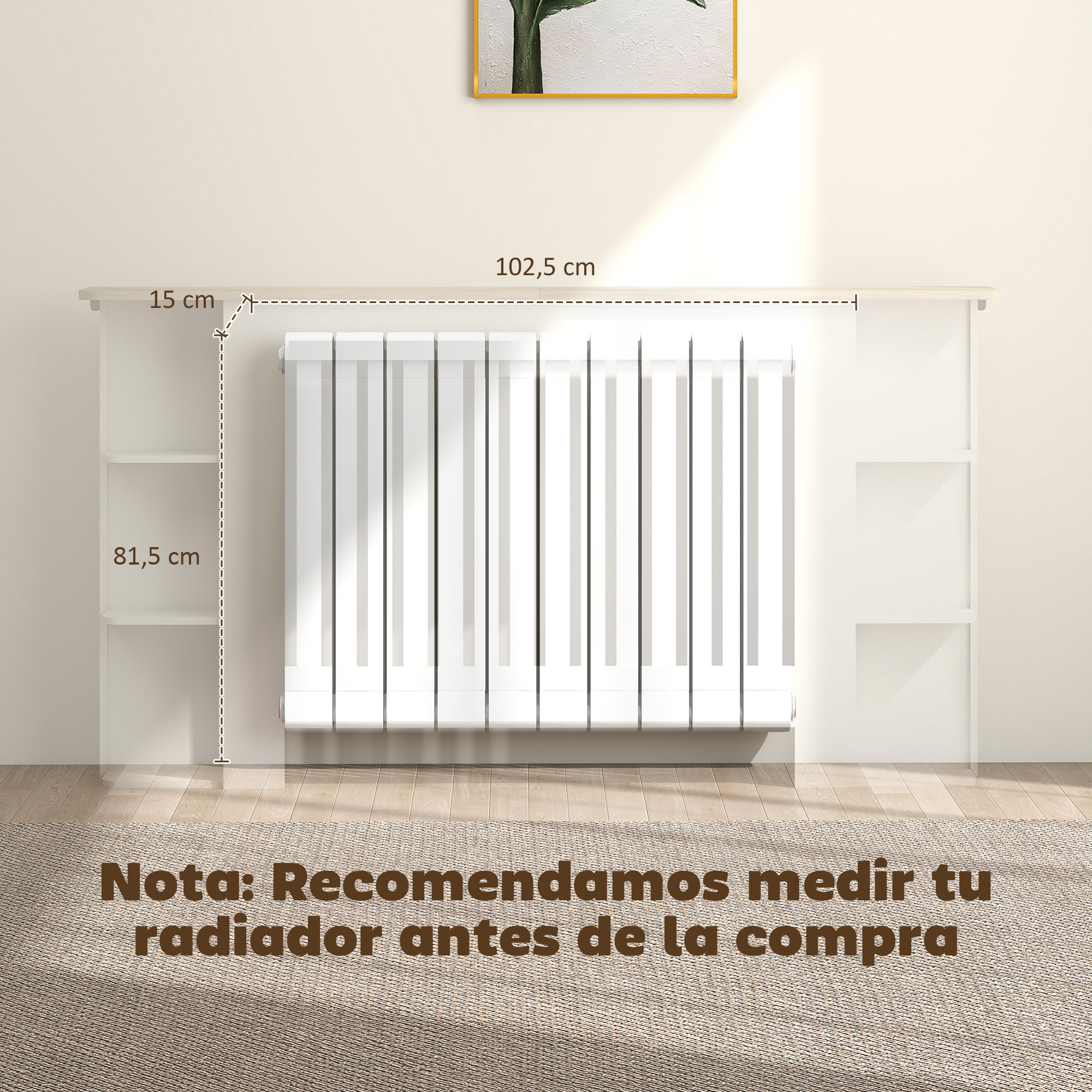 Un radiador blanco de 102,5 cm de ancho y 81,5 cm de alto.