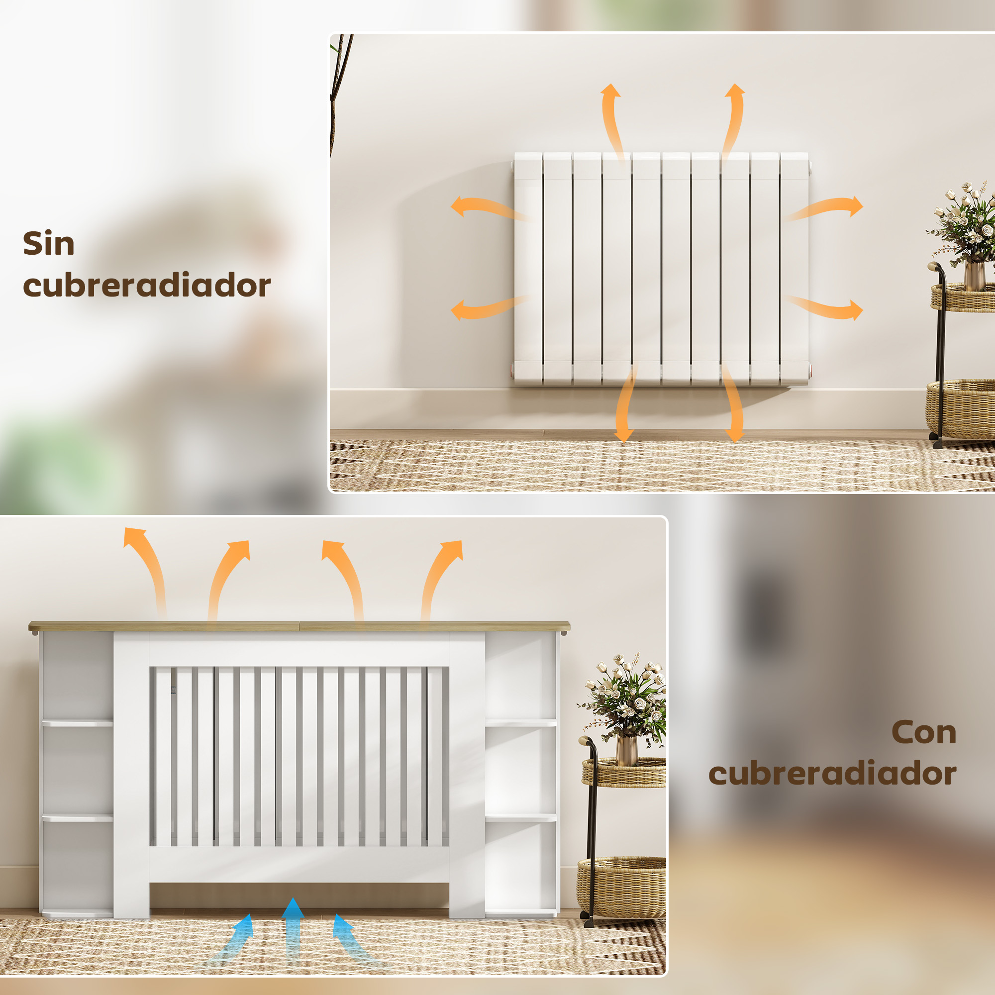Arriba: Radiador sin cubierta, calor sube. Abajo: Con cubierta, calor sube.