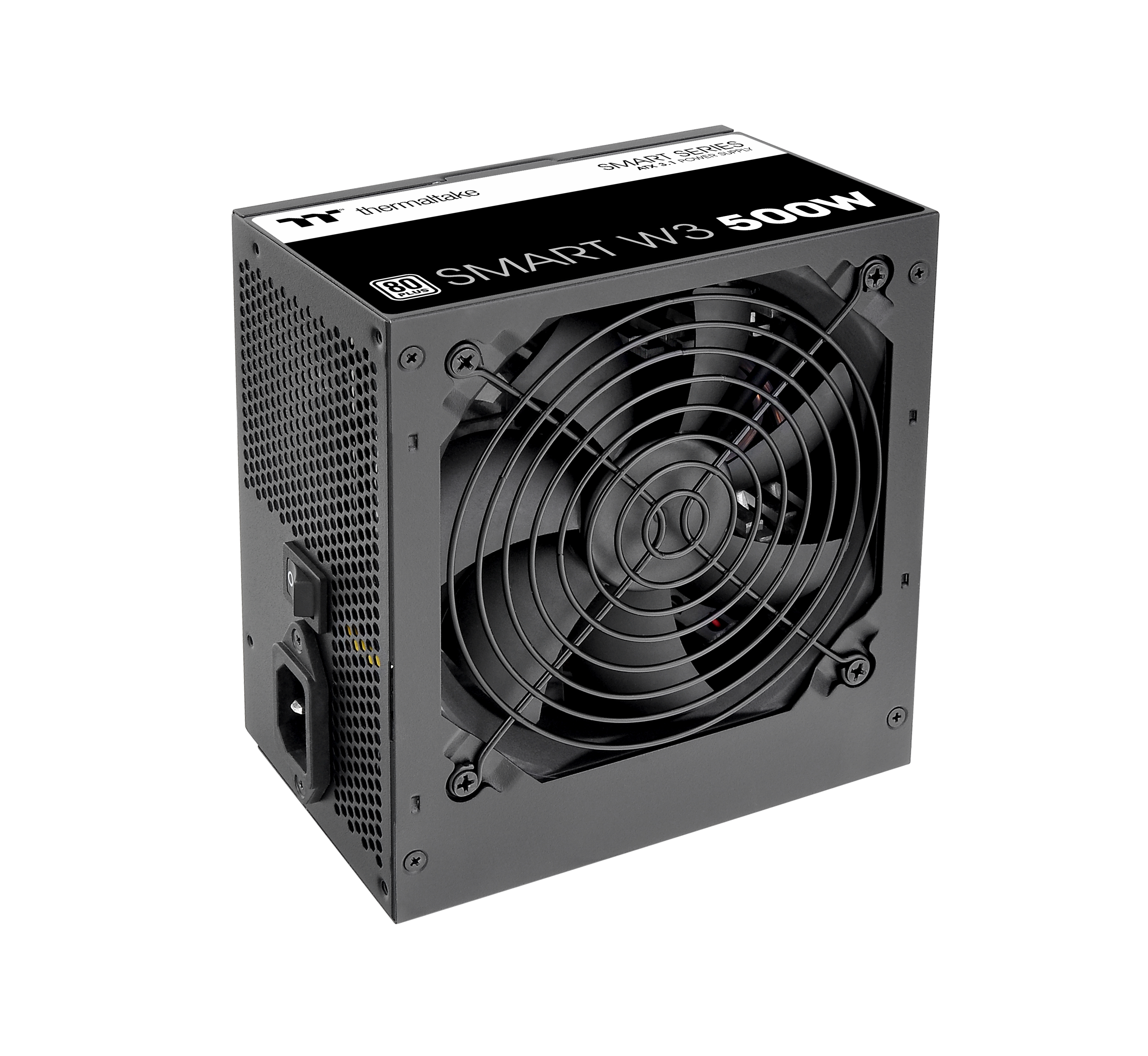 Un alimentatore Thermaltake nero con ventola ed etichette.