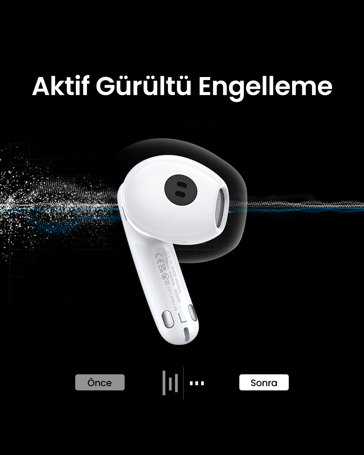 Viene visualizzato un auricolare bianco con cancellazione attiva del rumore.
