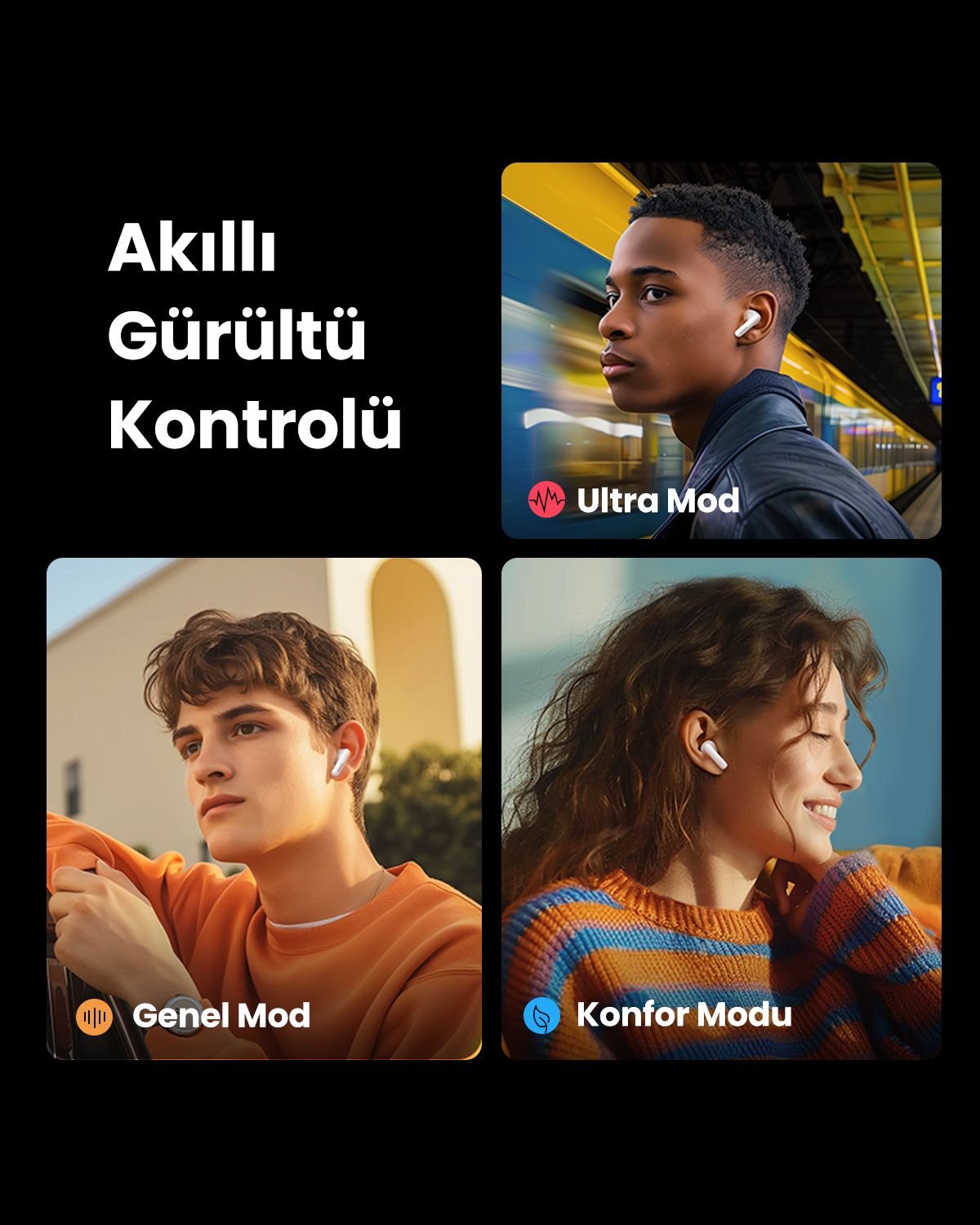 Tre persone con auricolari bianchi in diverse modalità: Ultra, Generale e Comfort.