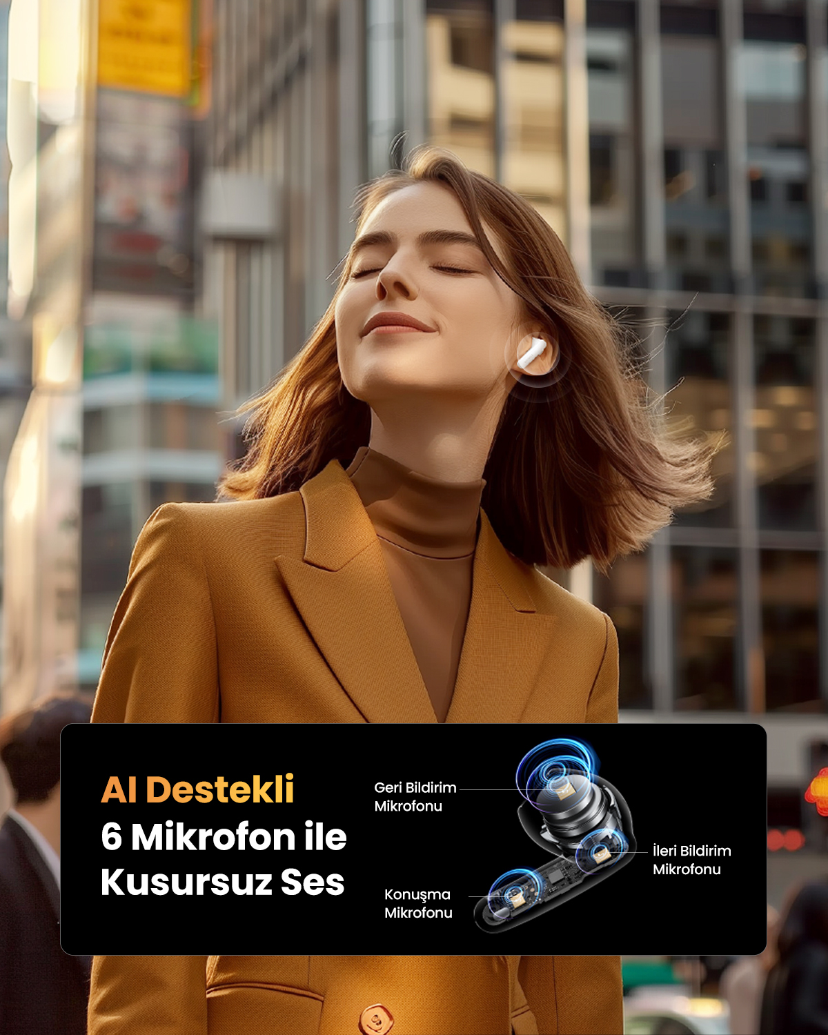 Donna che ascolta musica all'aperto con auricolari. Dettagli tecnici degli auricolari.