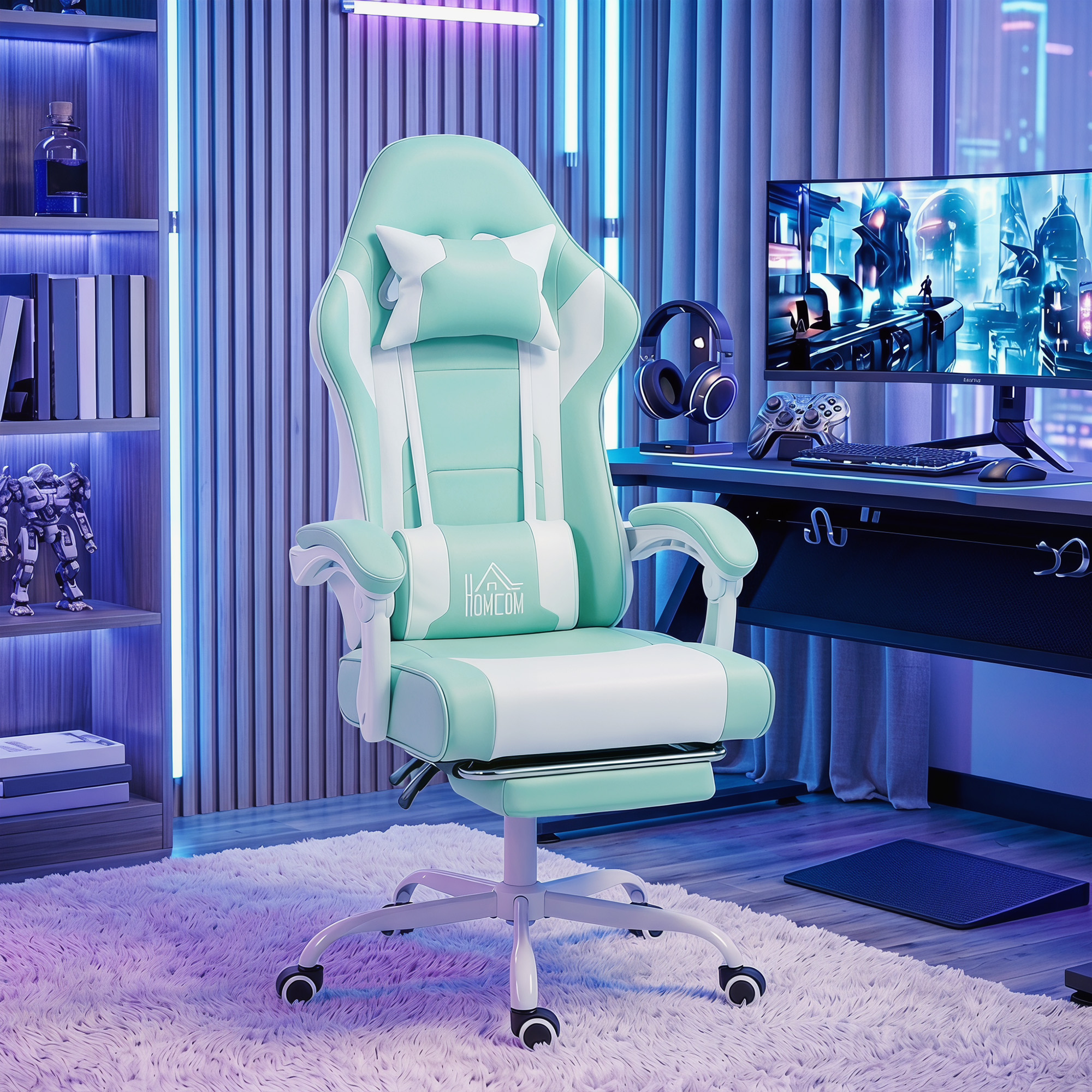 Una silla gamer verde menta con reposapiés está sobre una alfombra mullida con luces de neón.