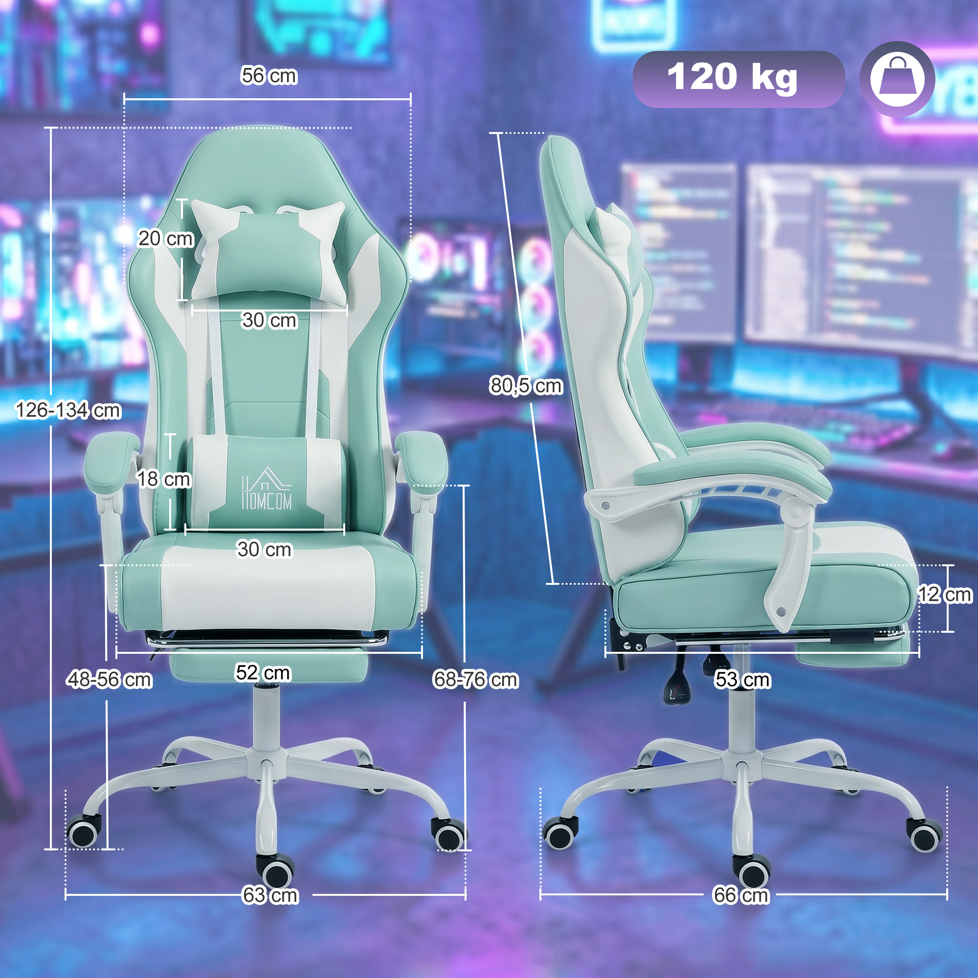 Silla gaming verde menta y blanca con medidas y un icono de 120 kg.