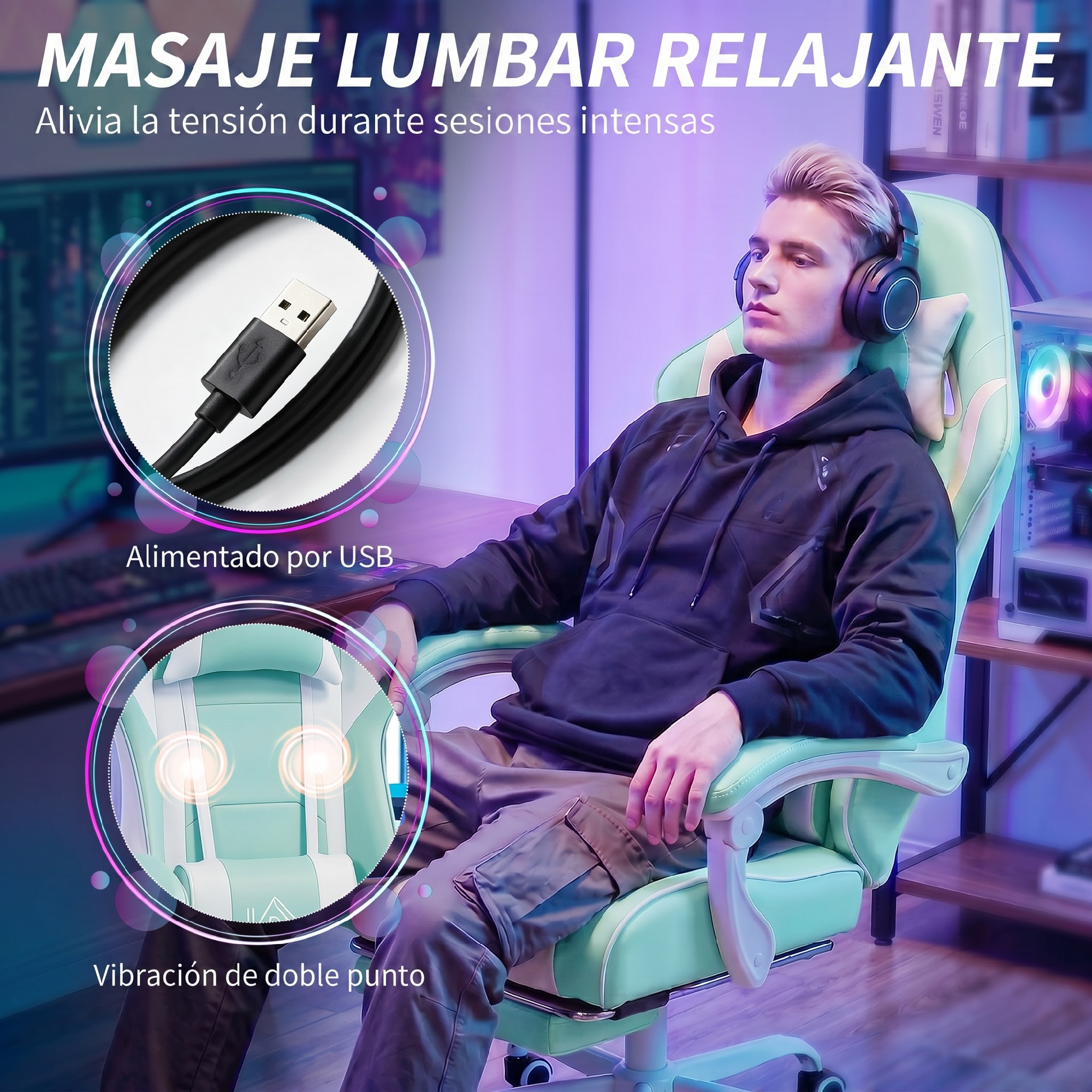 Hombre en silla gamer menta con auriculares. Incluye alimentación USB y vibración doble.