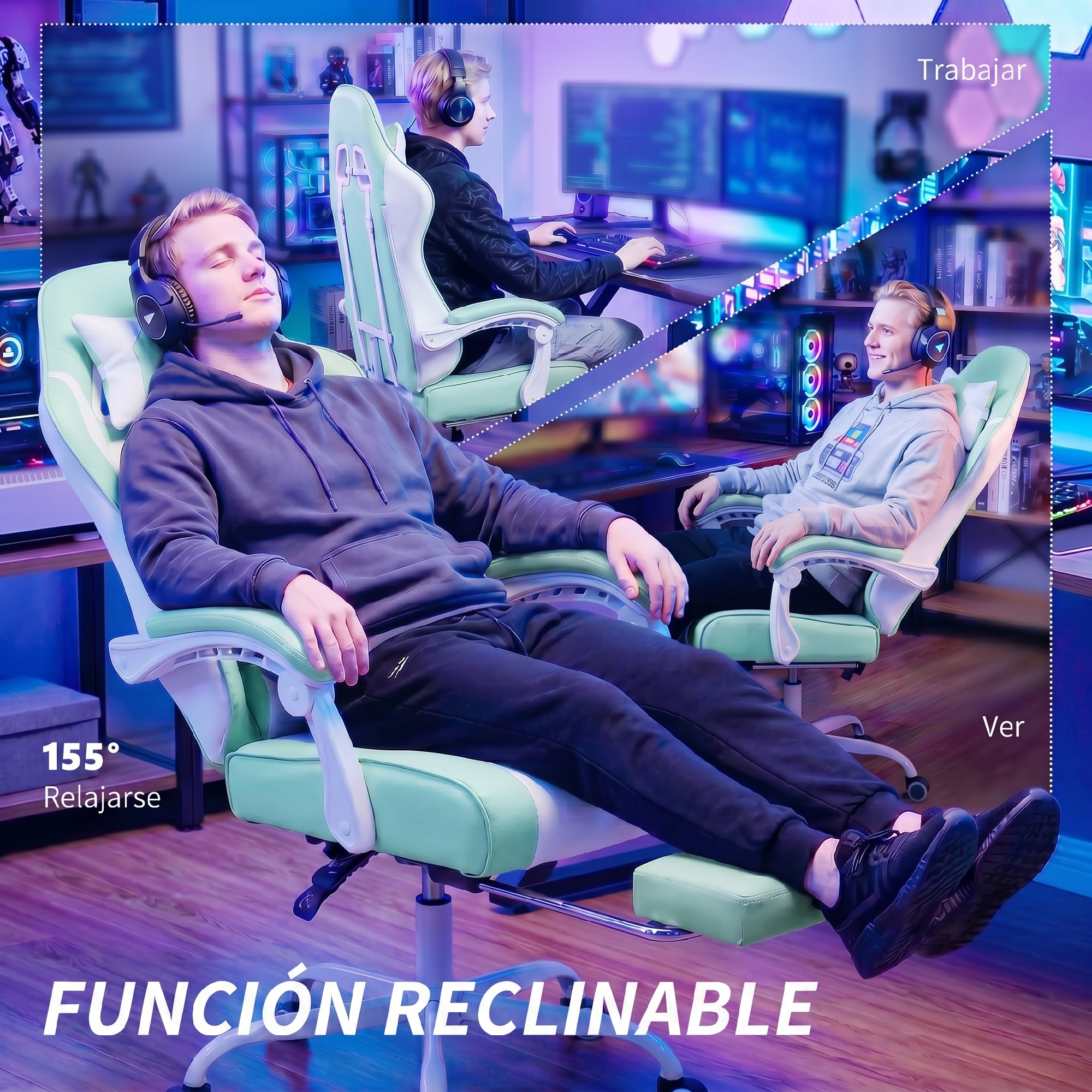 Un hombre se relaja en una silla gamer reclinable con reposapiés.