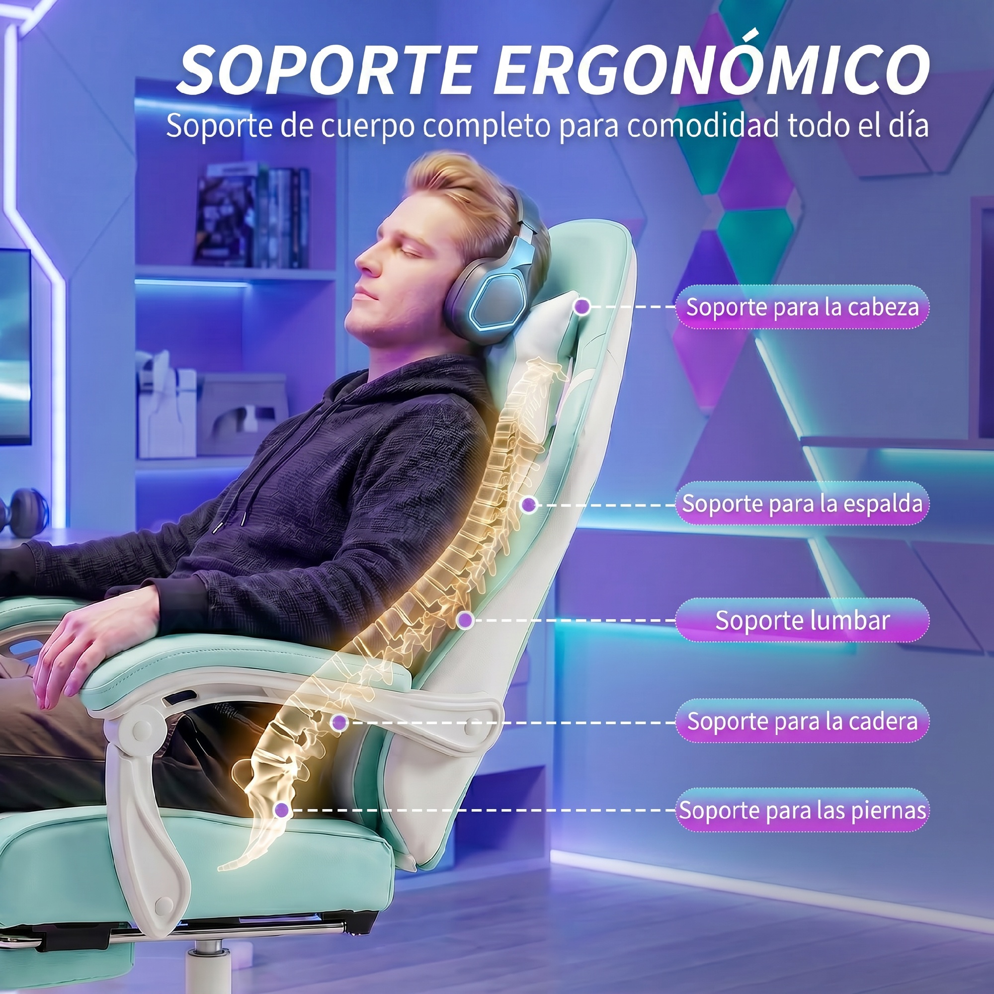 Hombre en silla con auriculares, mostrando esqueleto. Soporta cabeza, espalda y piernas.