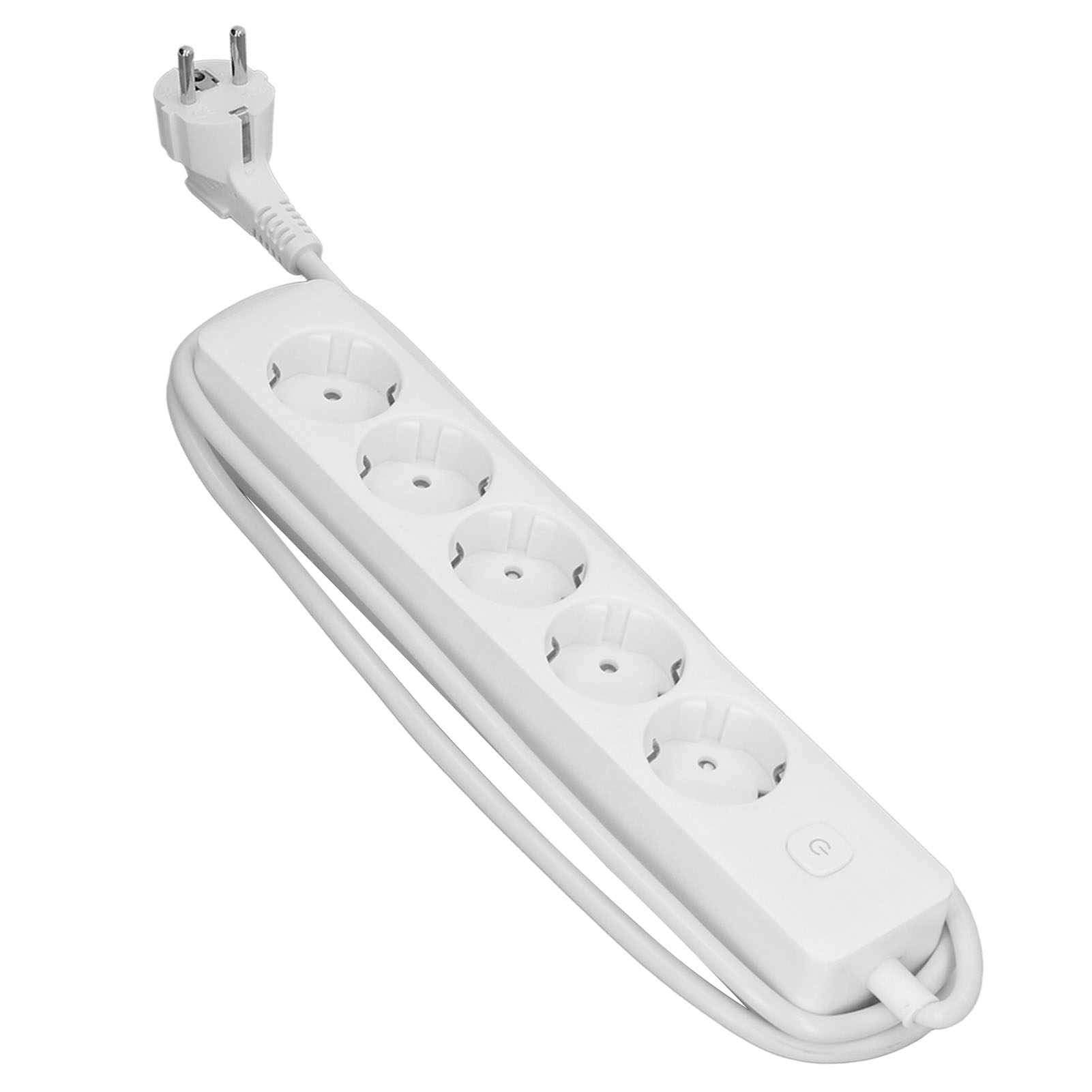 Ein weies Stromkabel mit vier Steckdosen und einem Stecker.