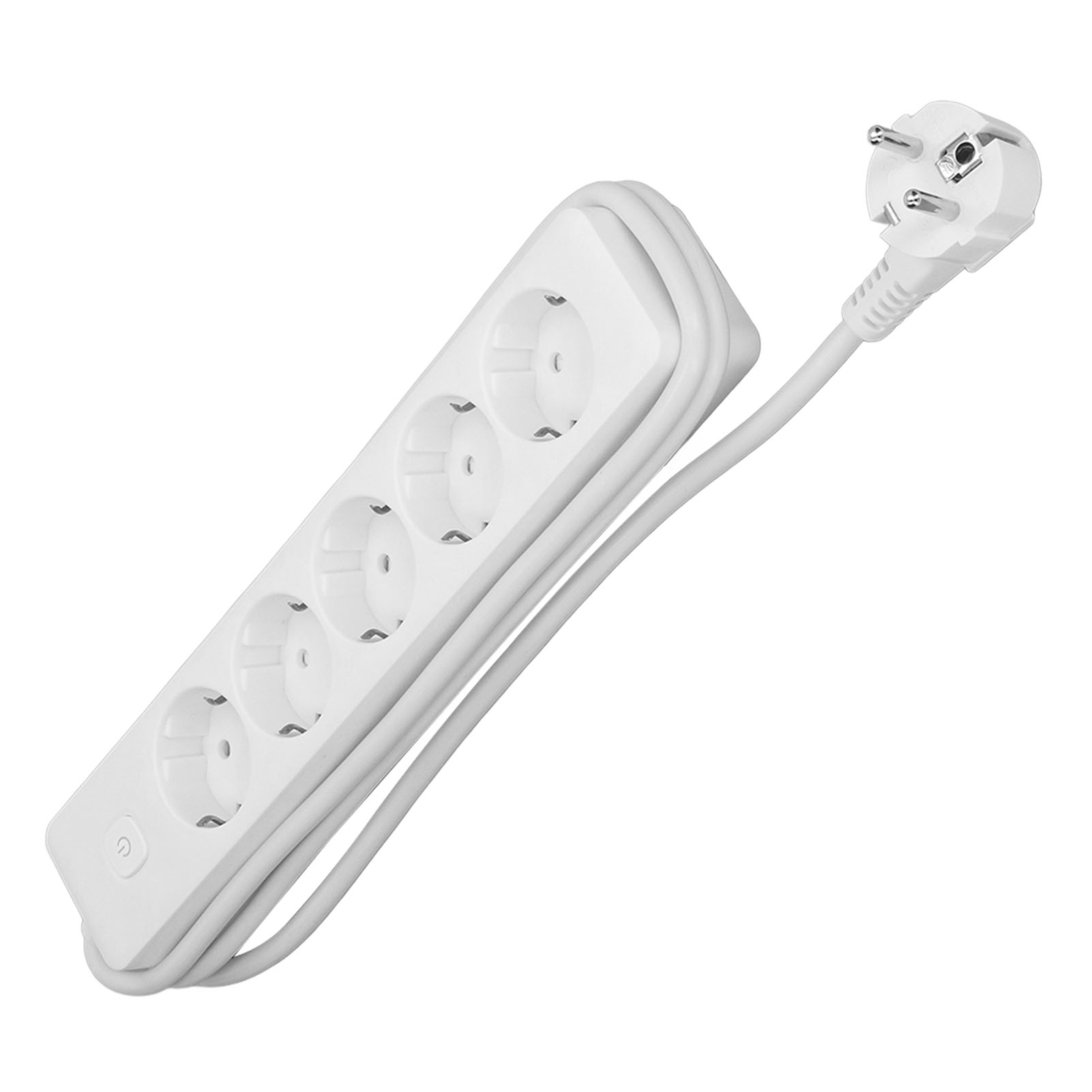 Ein weißes Verlängerungskabel mit vier Steckdosen und einem Stecker.