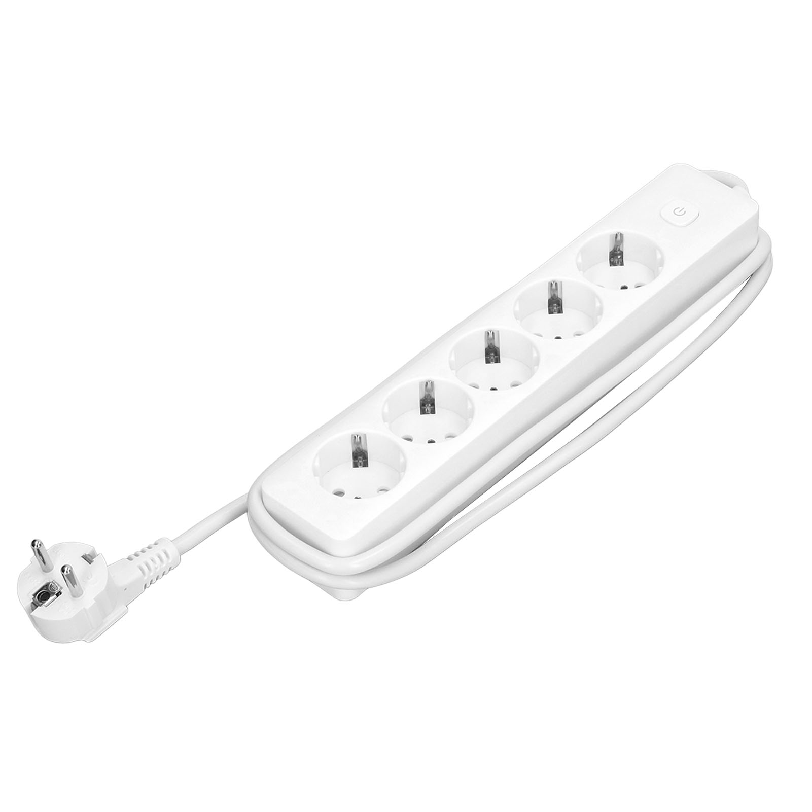 Ein weißer Mehrfachsteckdosenverteiler mit vier Steckplätzen und einem Stecker.