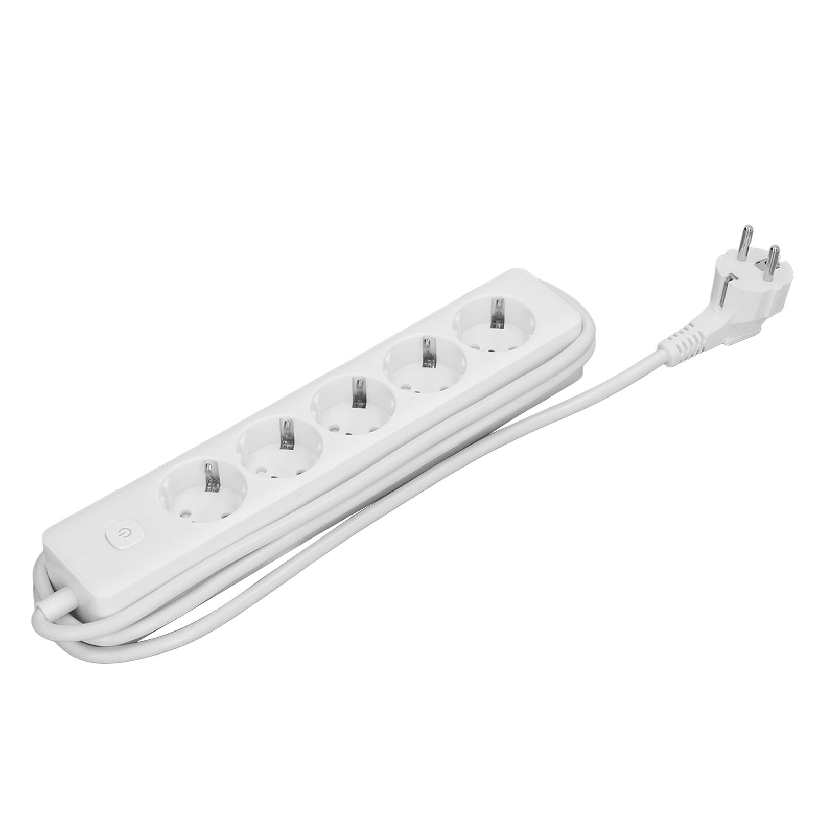 Ein weißes Mehrfachsteckdosenleiste mit vier Steckplätzen und einem Stecker.