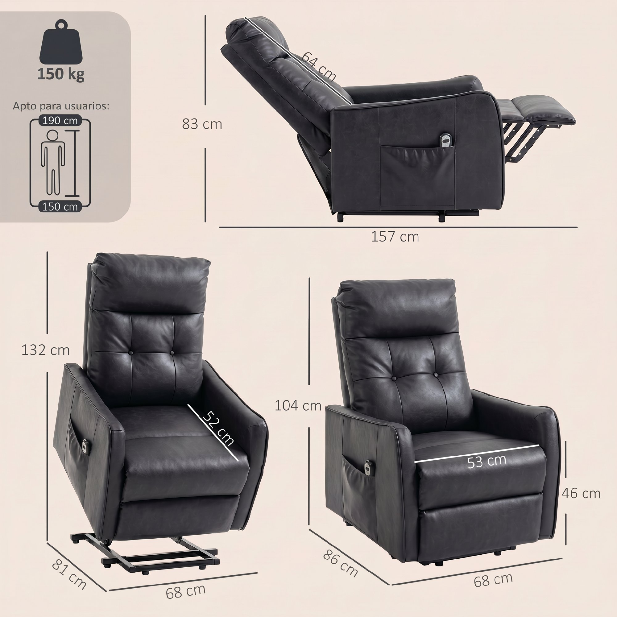 Un sillón reclinable tapizado negro con dimensiones e información del usuario.