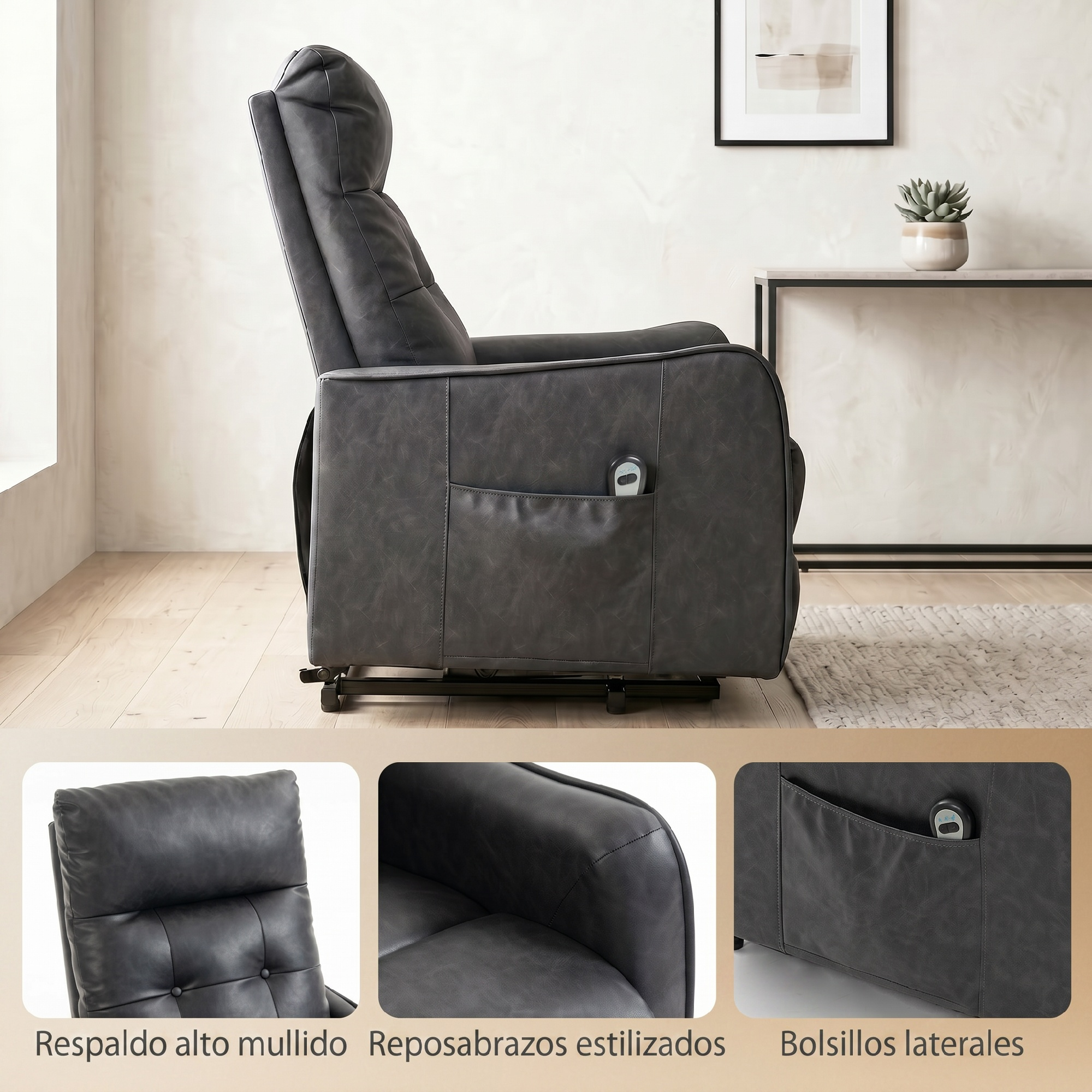 Un sillón gris oscuro con respaldo alto y bolsillos laterales.