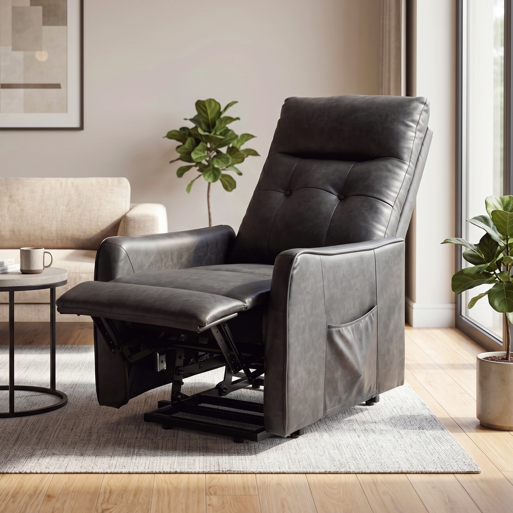 Un sillón reclinable de cuero oscuro con reposapiés extendido sobre una alfombra.