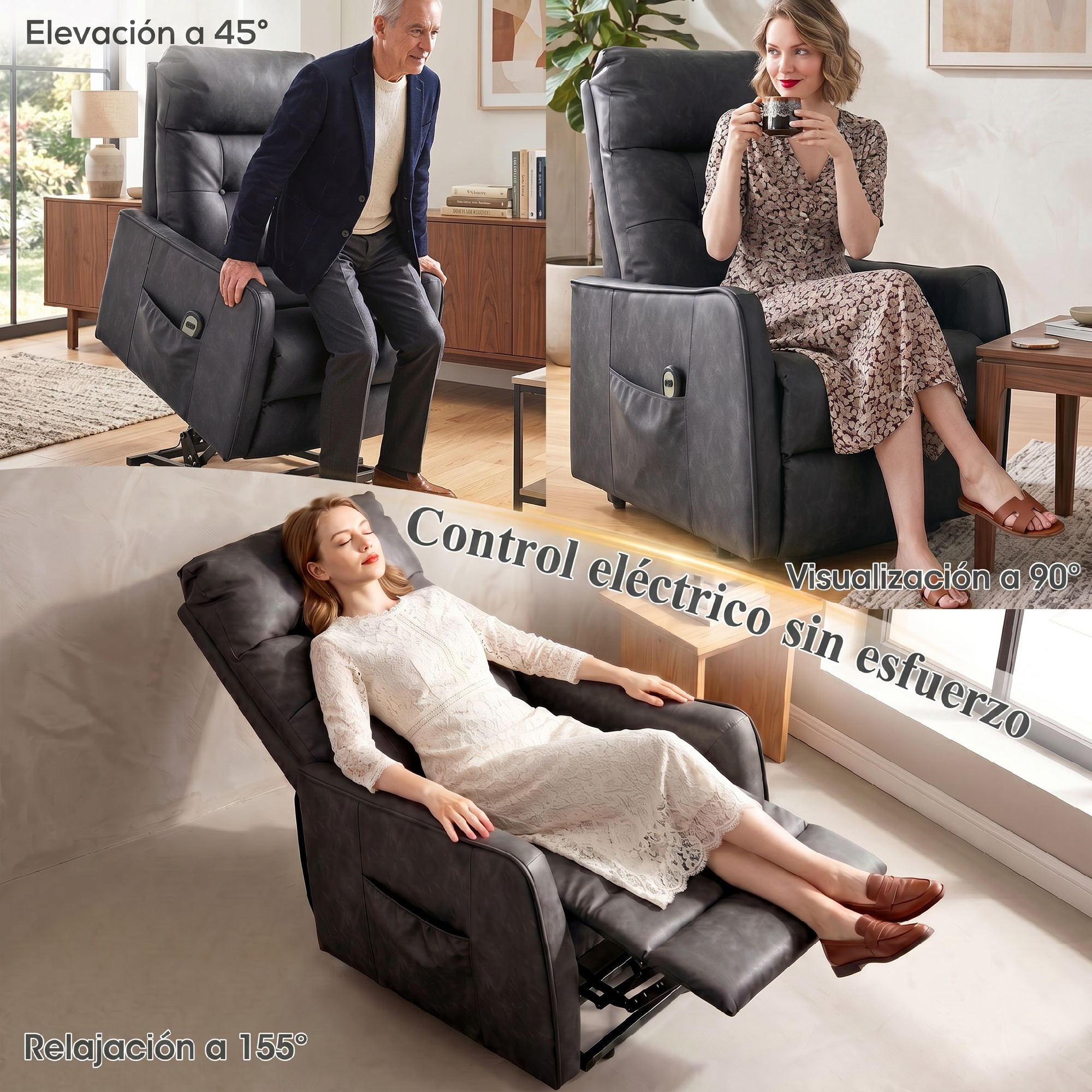 Un hombre junto a un sillón de cuero oscuro que se eleva. Una mujer bebe sentada en un sillón.