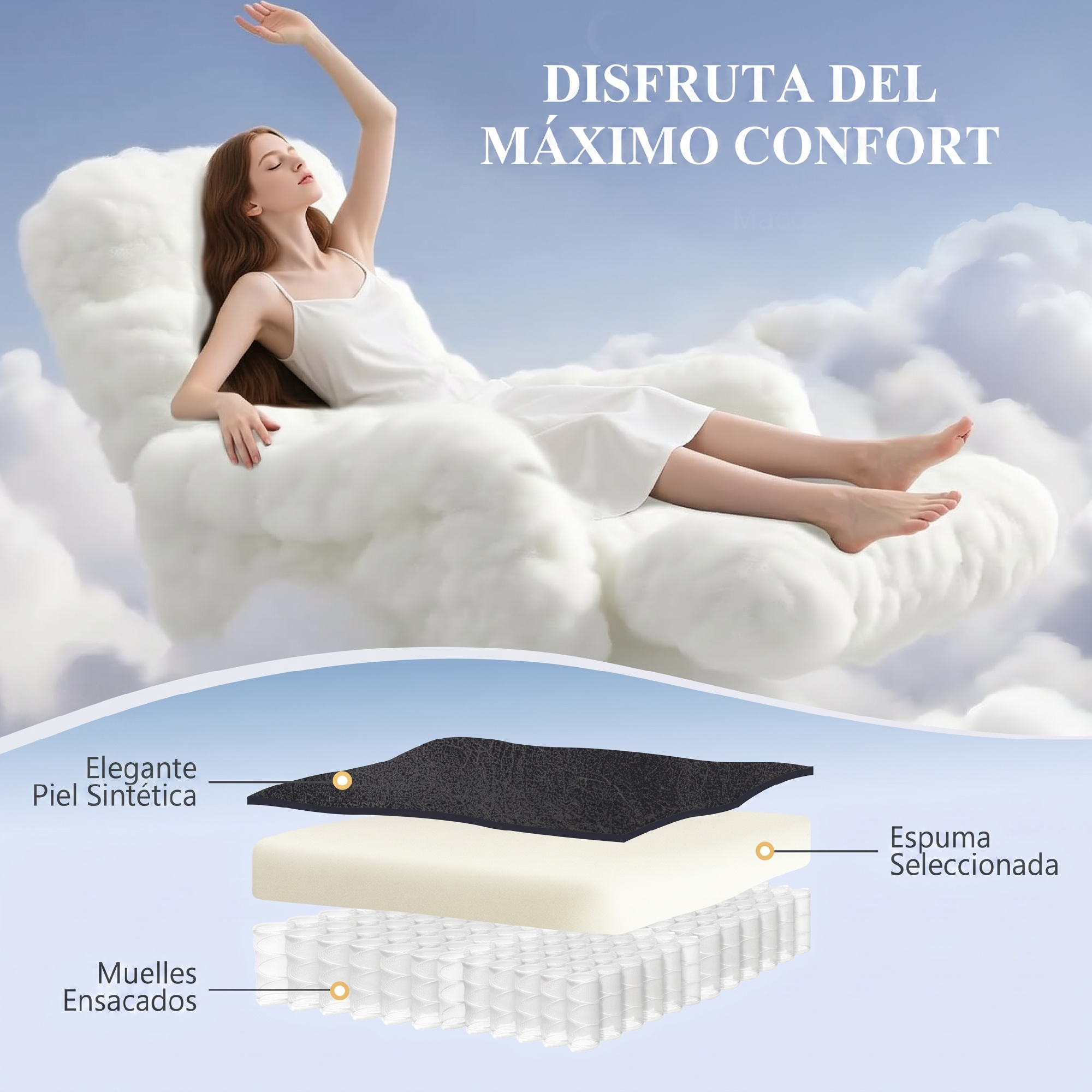Mujer en nubes, capas de colchón: espuma, resortes y cubierta.