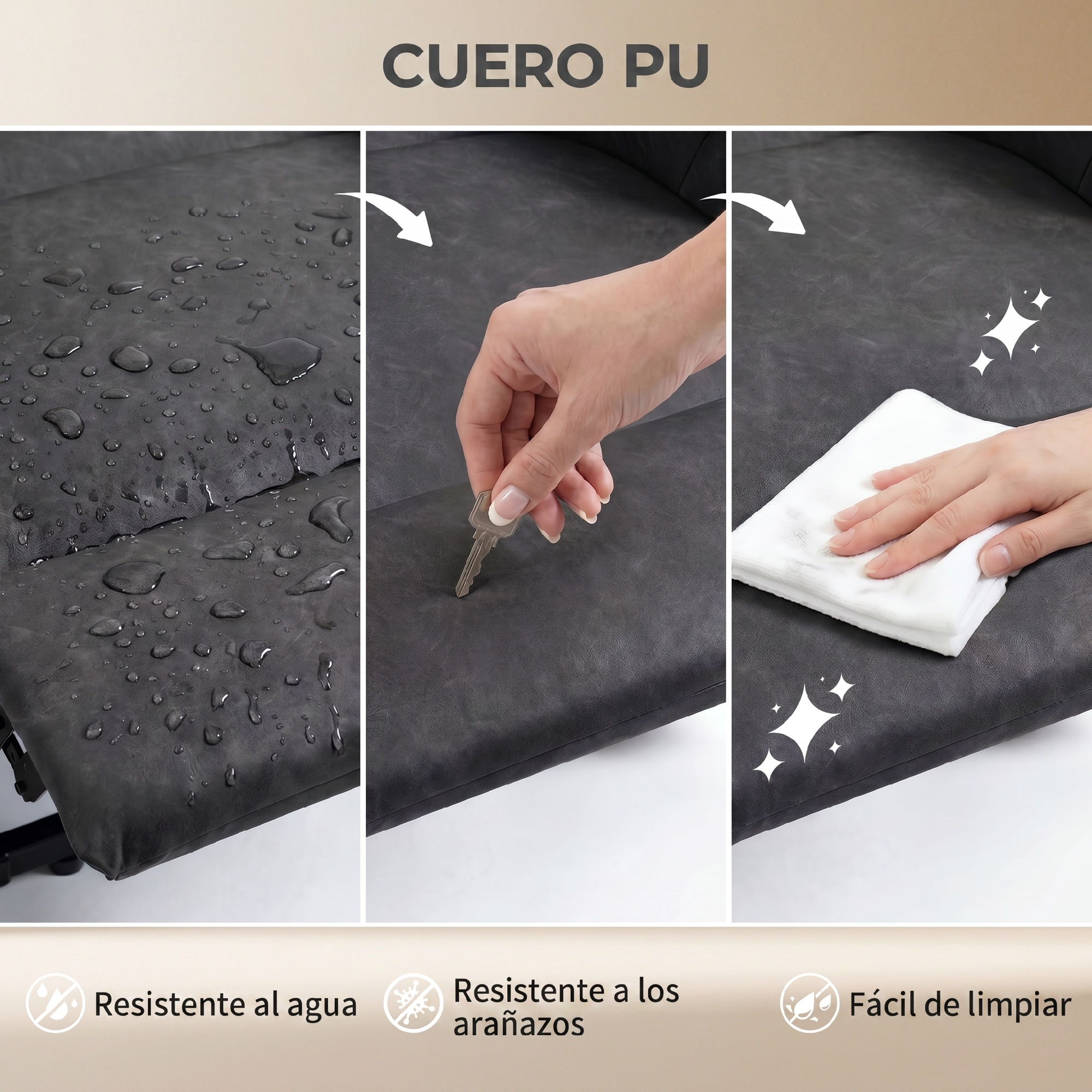 Cuero PU: resistente al agua, a los arañazos, fácil de limpiar.