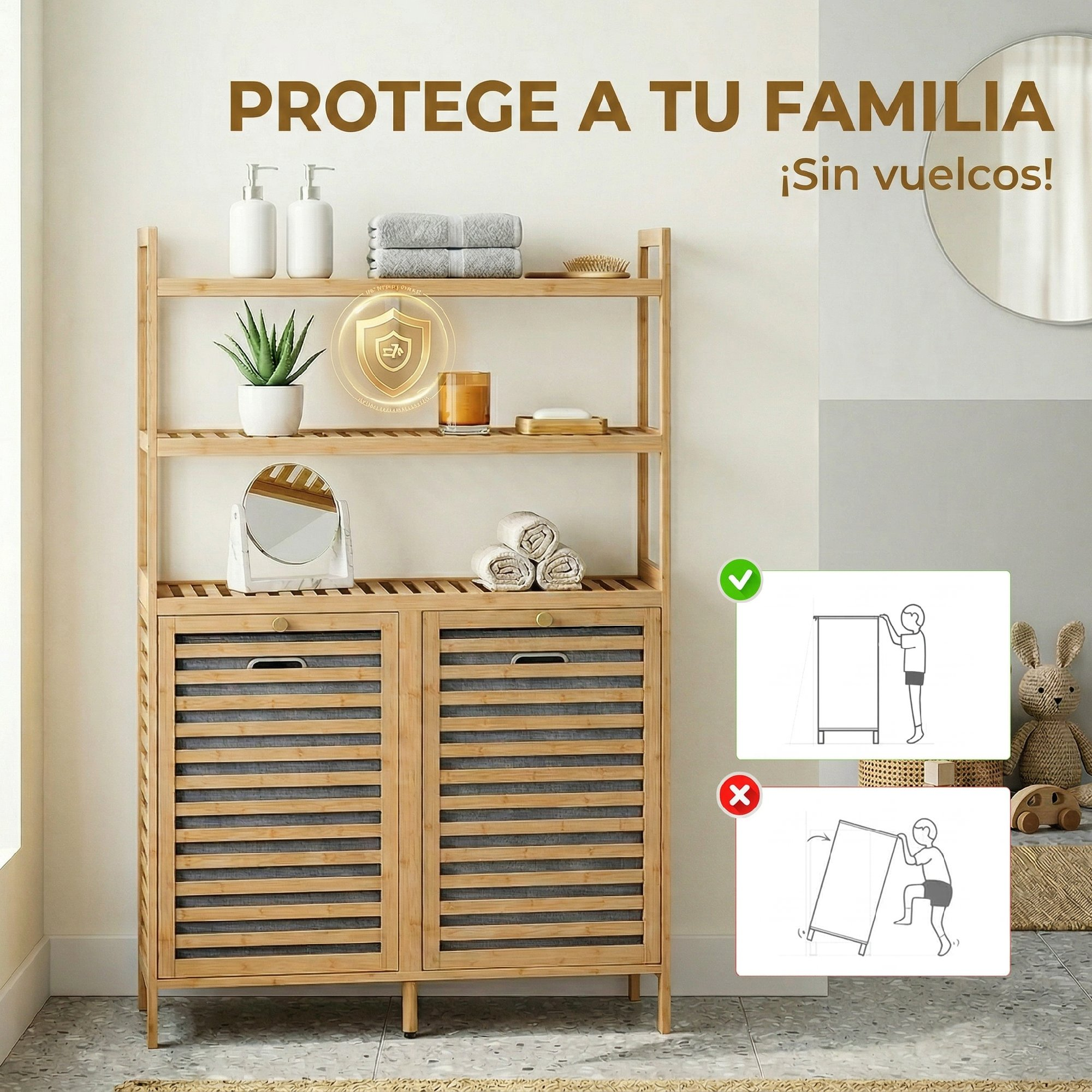 Armario de baño de madera con jabón, toallas y plantas. Incluye instrucciones.