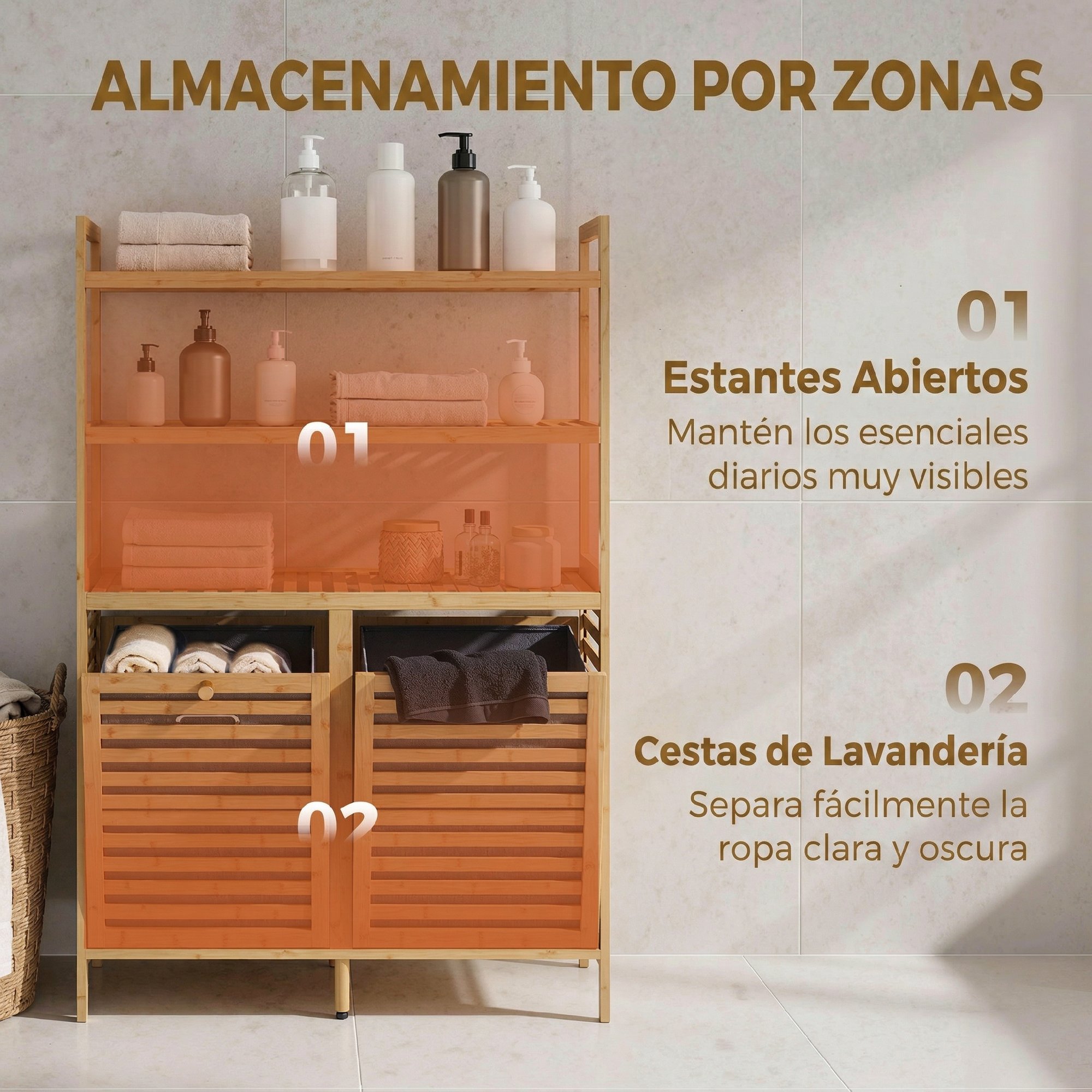 Estantería de bambú con compartimentos abiertos y cestas de lavandería.