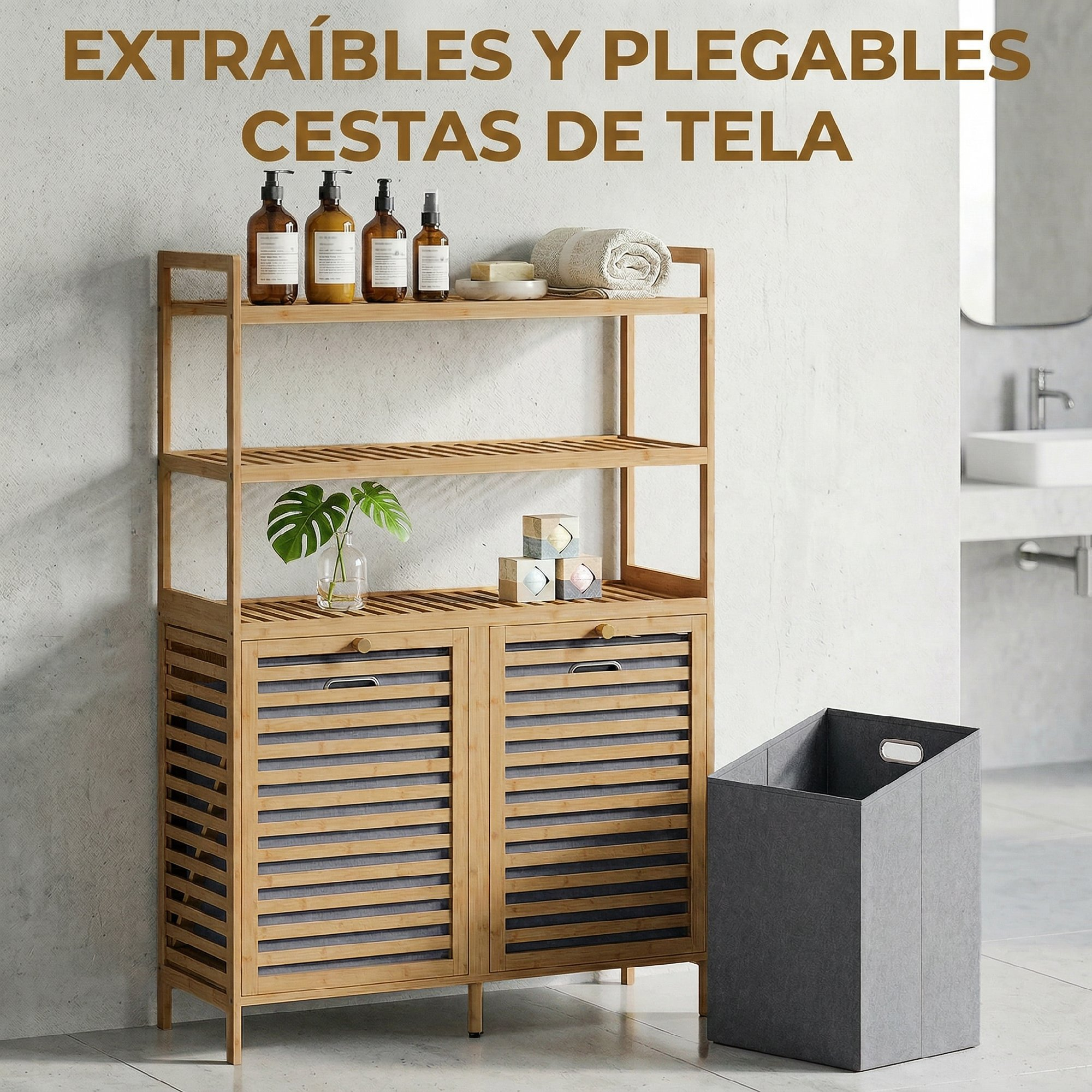 Mueble de baño de bambú con estantes, cajones y una cesta de lavandería al lado.