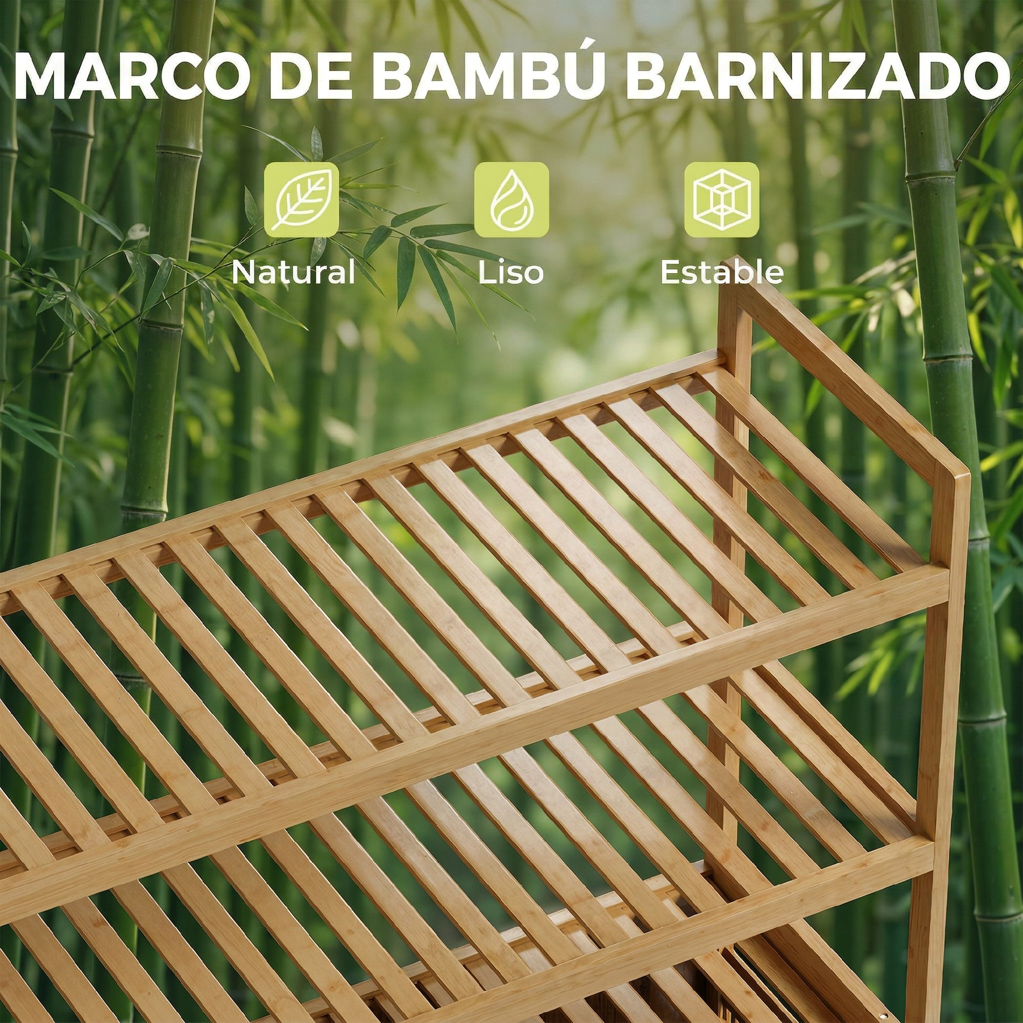 Un estante de madera frente a un bosque de bambú. Los estantes están en diagonal.