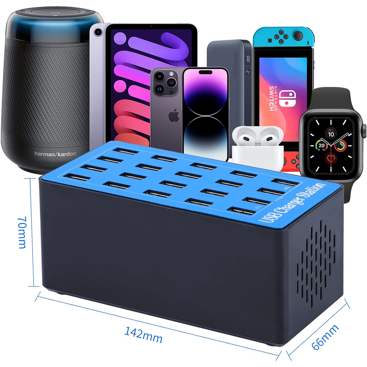 Multigeräte-Ladestation mit Lautsprecher, Tablet, iPhones, Powerbank, Switch, Kopfhörern, Uhr.
