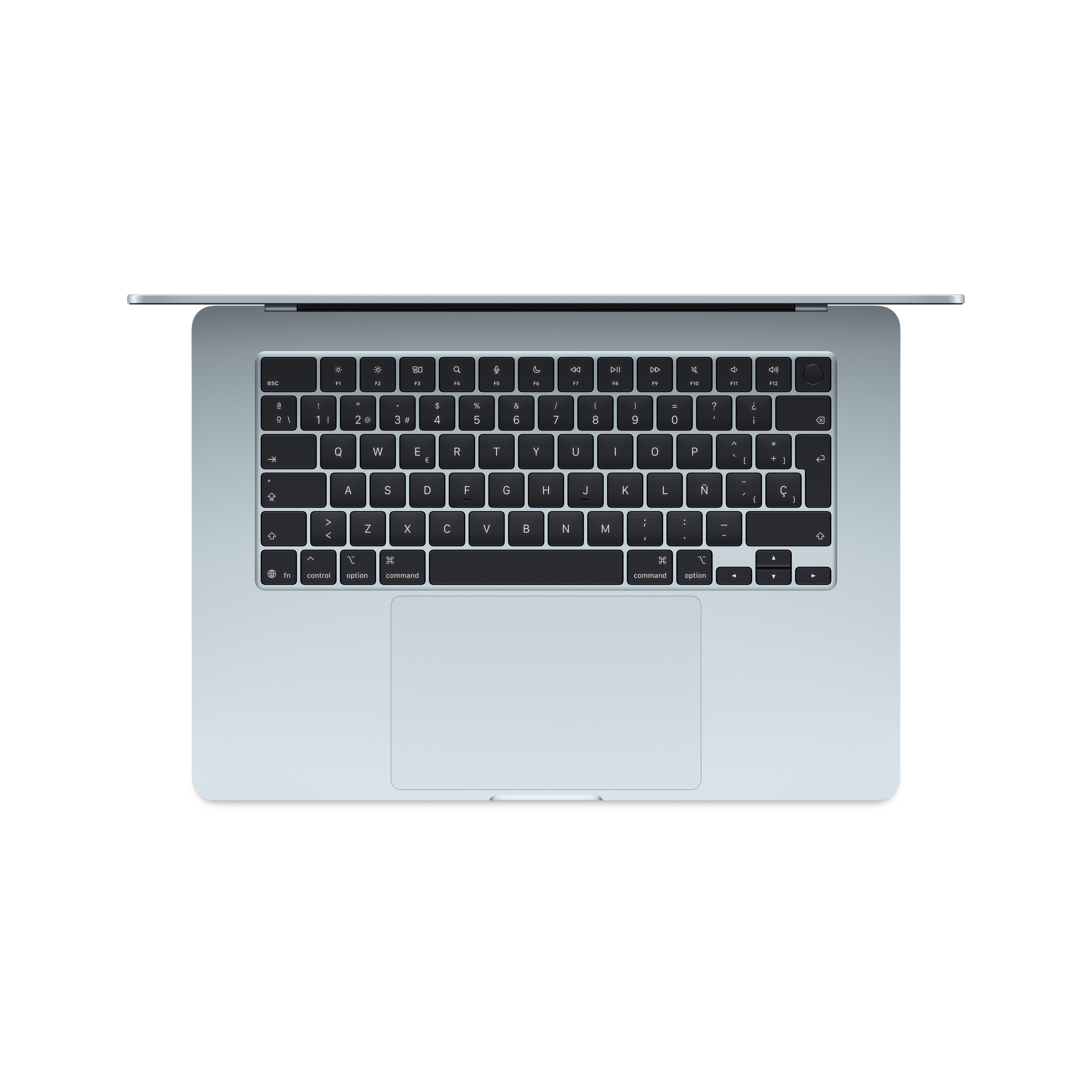 Un portátil gris claro, visto desde arriba, mostrando el teclado y el trackpad.
