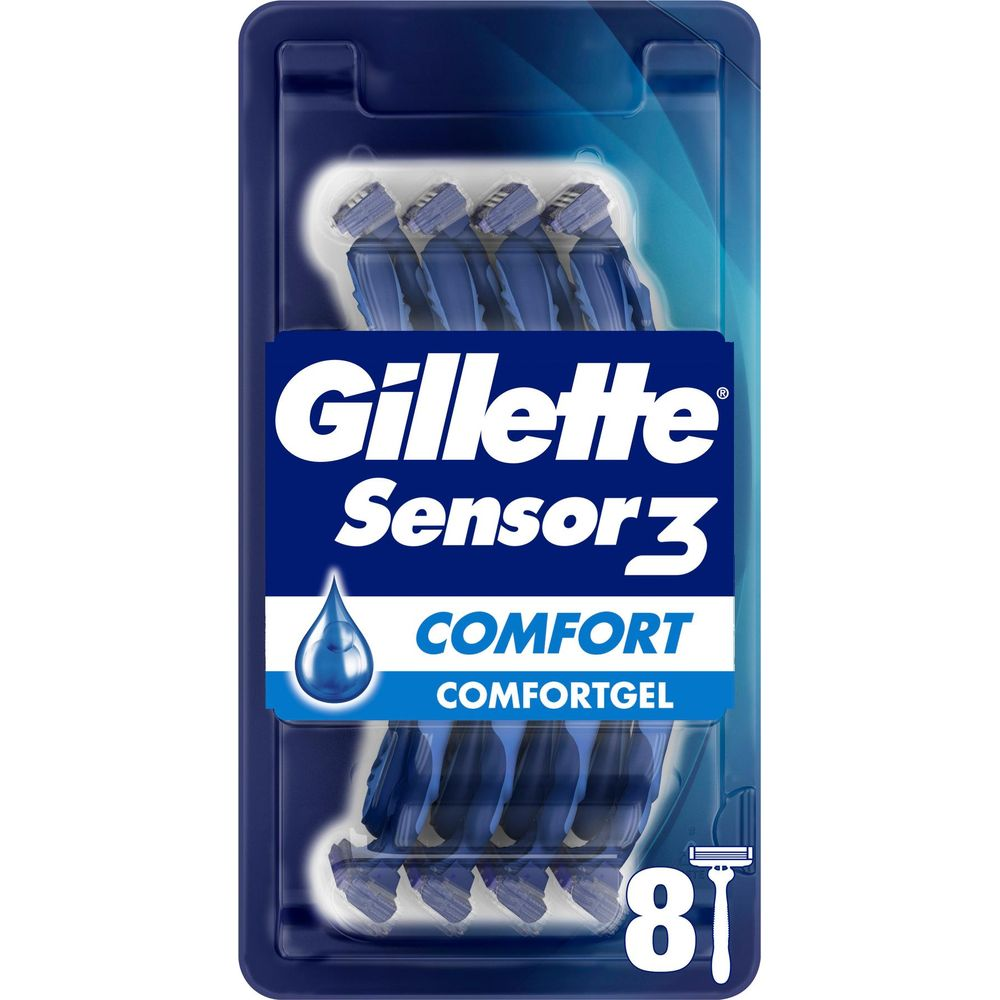 Confezione lame da barba Gillette Sensor 3 Comfort da 8 pezzi, blu e bianche.