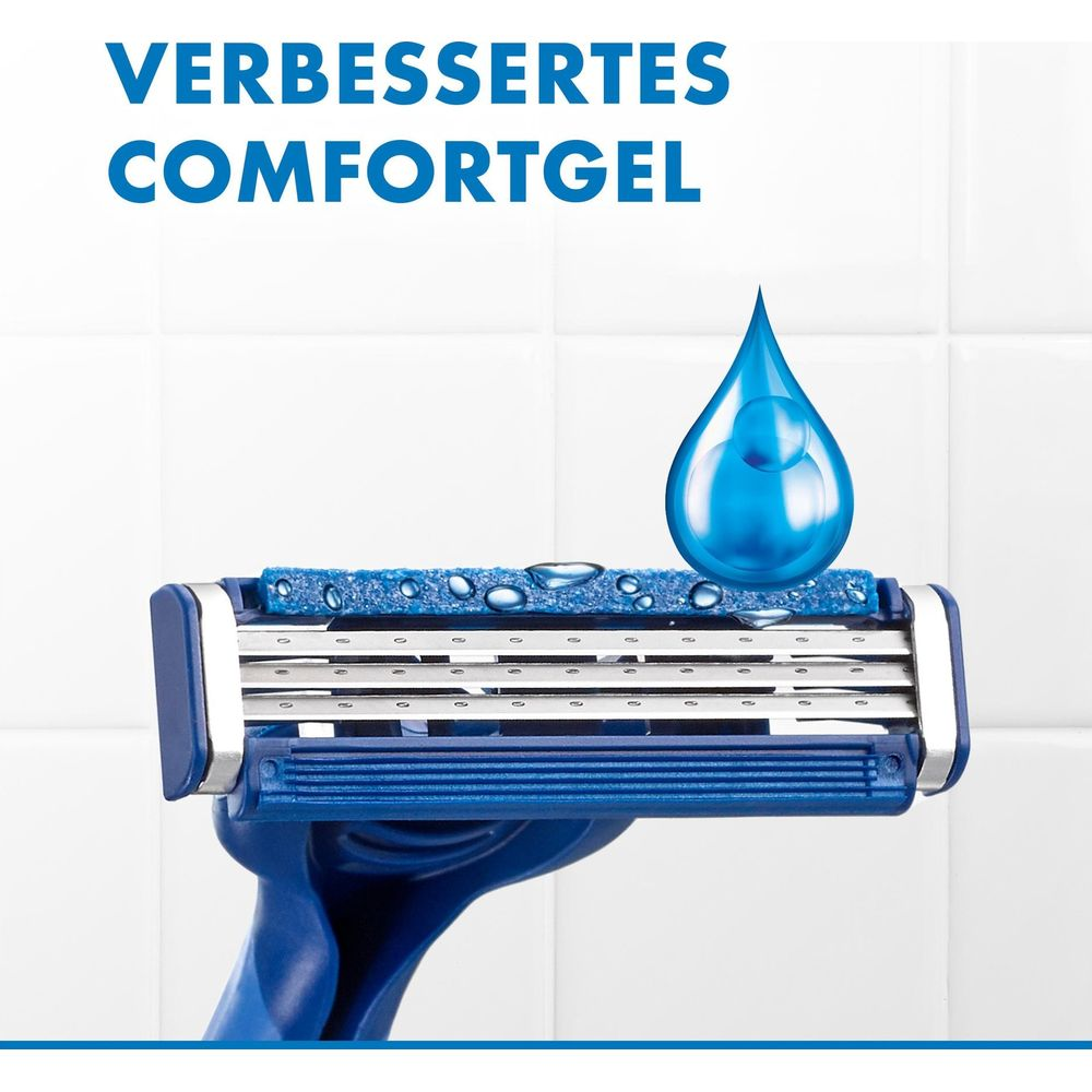 Un rasoio blu con grafica a goccia d'acqua e testo.