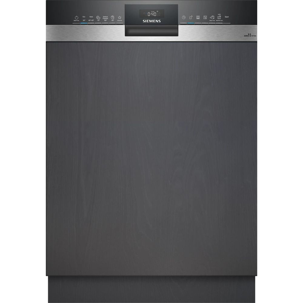 Una lavastoviglie Siemens scura con display digitale in alto.