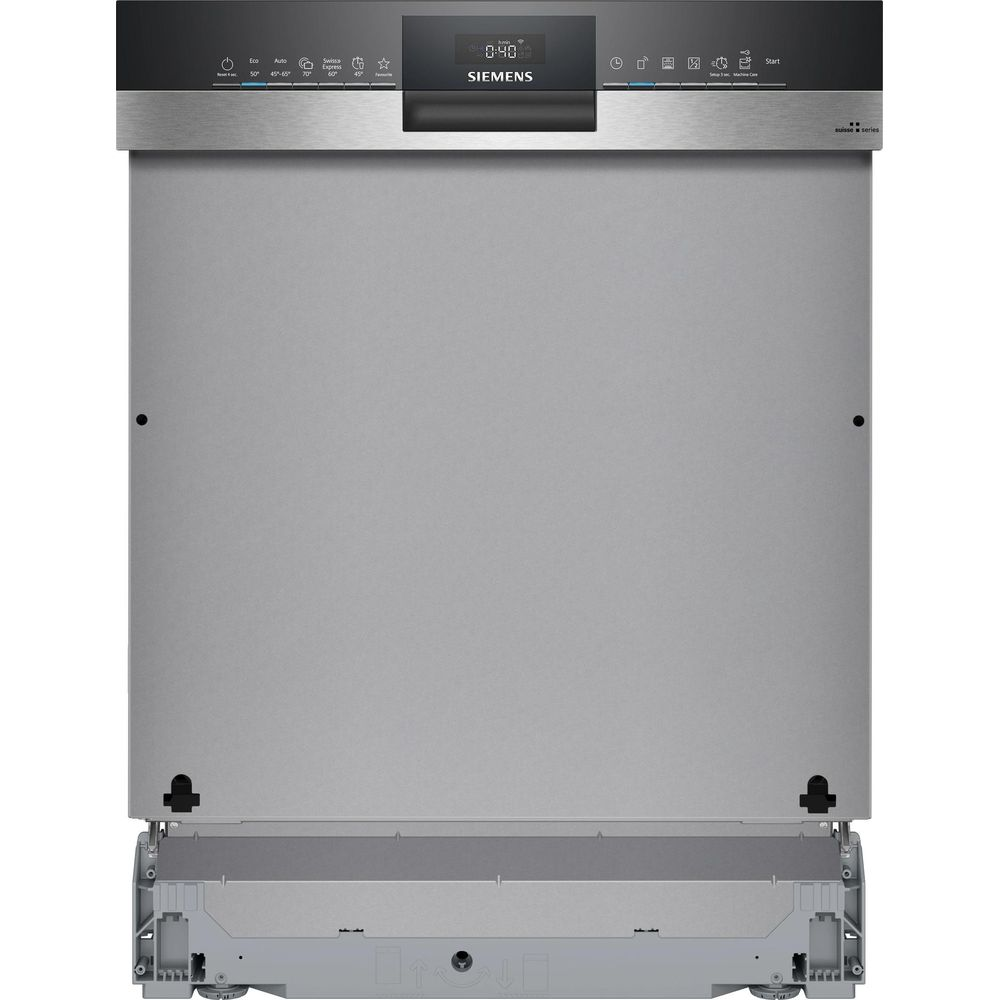 Una porta di lavastoviglie Siemens argentata con display digitale e pannello di controllo.
