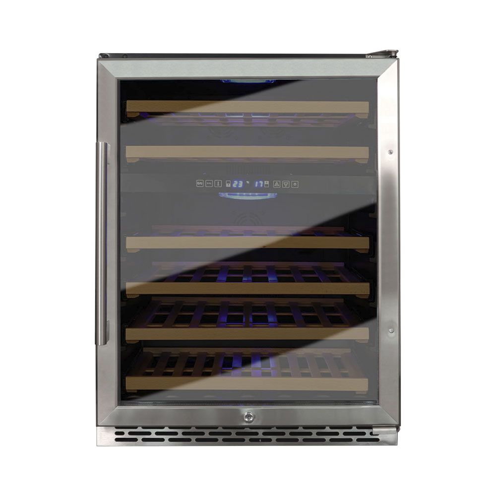 Cantinetta in acciaio inox con porta in vetro e ripiani in legno. Display 23°C.