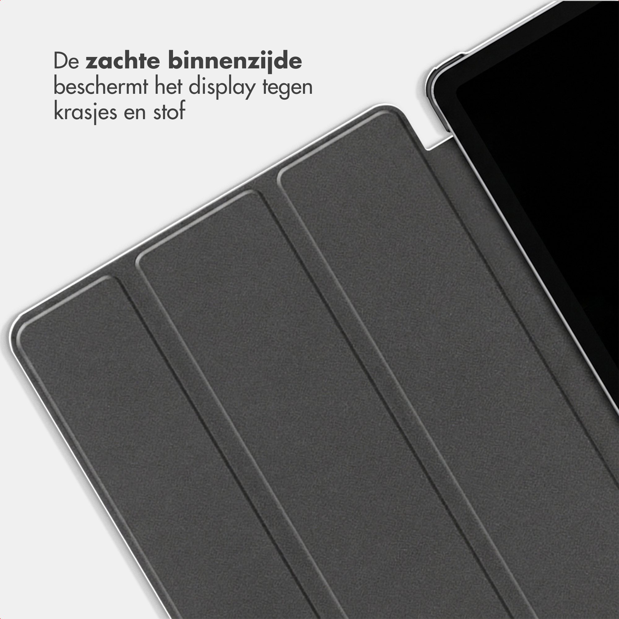 Gray tablet case with soft lining and part of the screen.