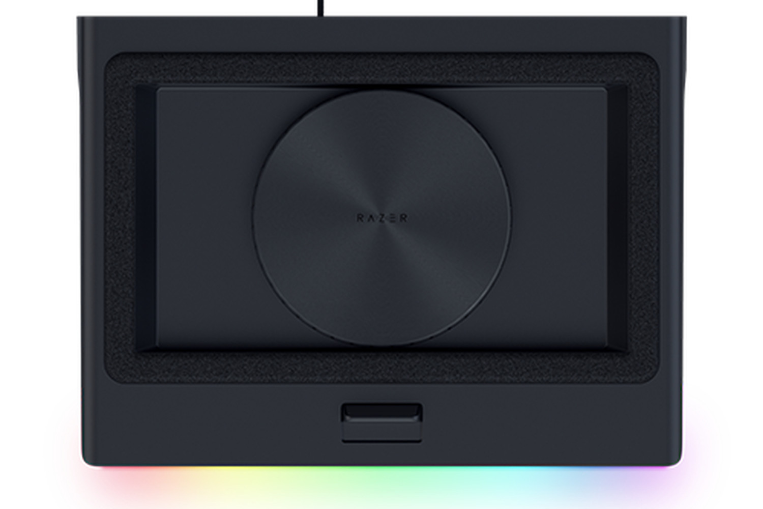 Schwarzes Razer-Gerät mit zentralem Zifferblatt und RGB-Beleuchtung unten.