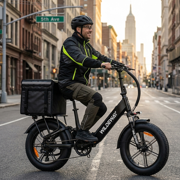 Hombre con casco monta e-bike con bolsa de entrega en calle, horizonte de NYC.