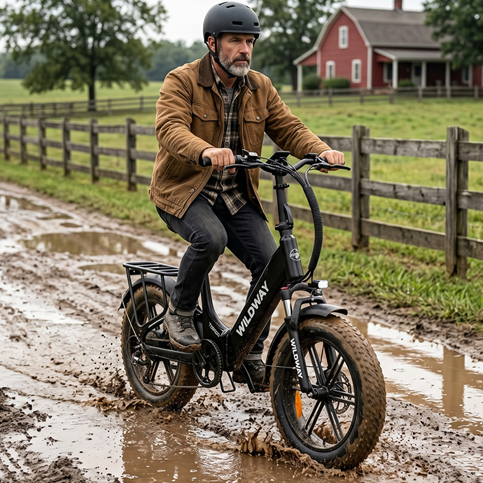 Hombre monta bicicleta eléctrica por barro frente a casa rural roja.