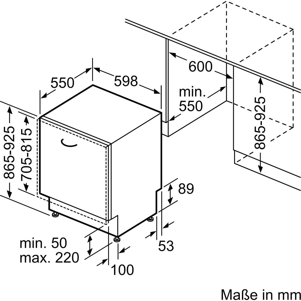 Disegno tecnico con dimensioni per elettrodomestici da incasso.