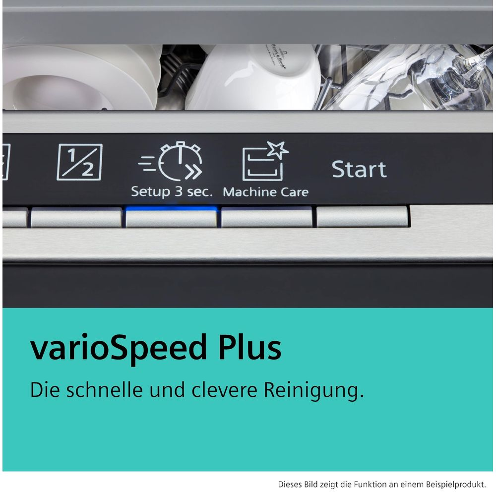 Pannello di controllo lavastoviglie con opzioni come "varioSpeed Plus" e "Start".