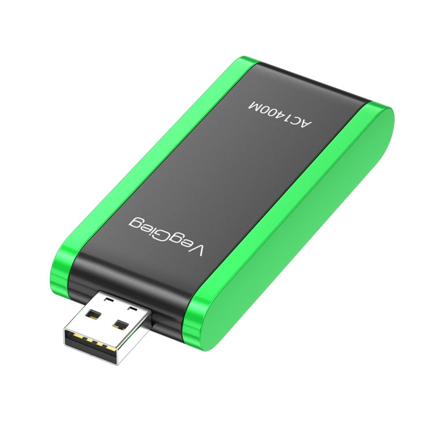 Üzerinde "VegGieg" ve "AC1400M" yazan siyah ve yeşil USB depolama aygıtı.