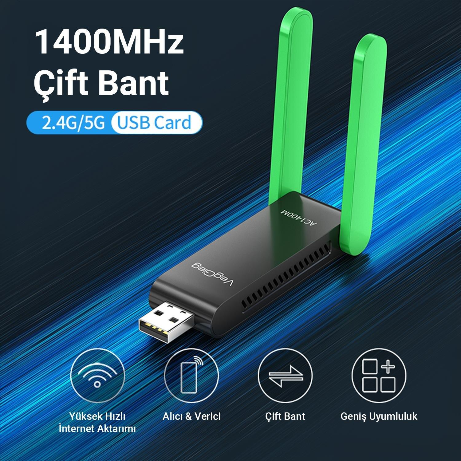 İki yeşil antenli ve metinli siyah USB WiFi adaptörü.
