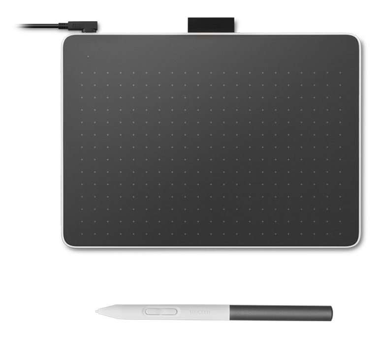 Ein schwarzes Grafiktablett mit einem Stift, verbunden mit einem Kabel.