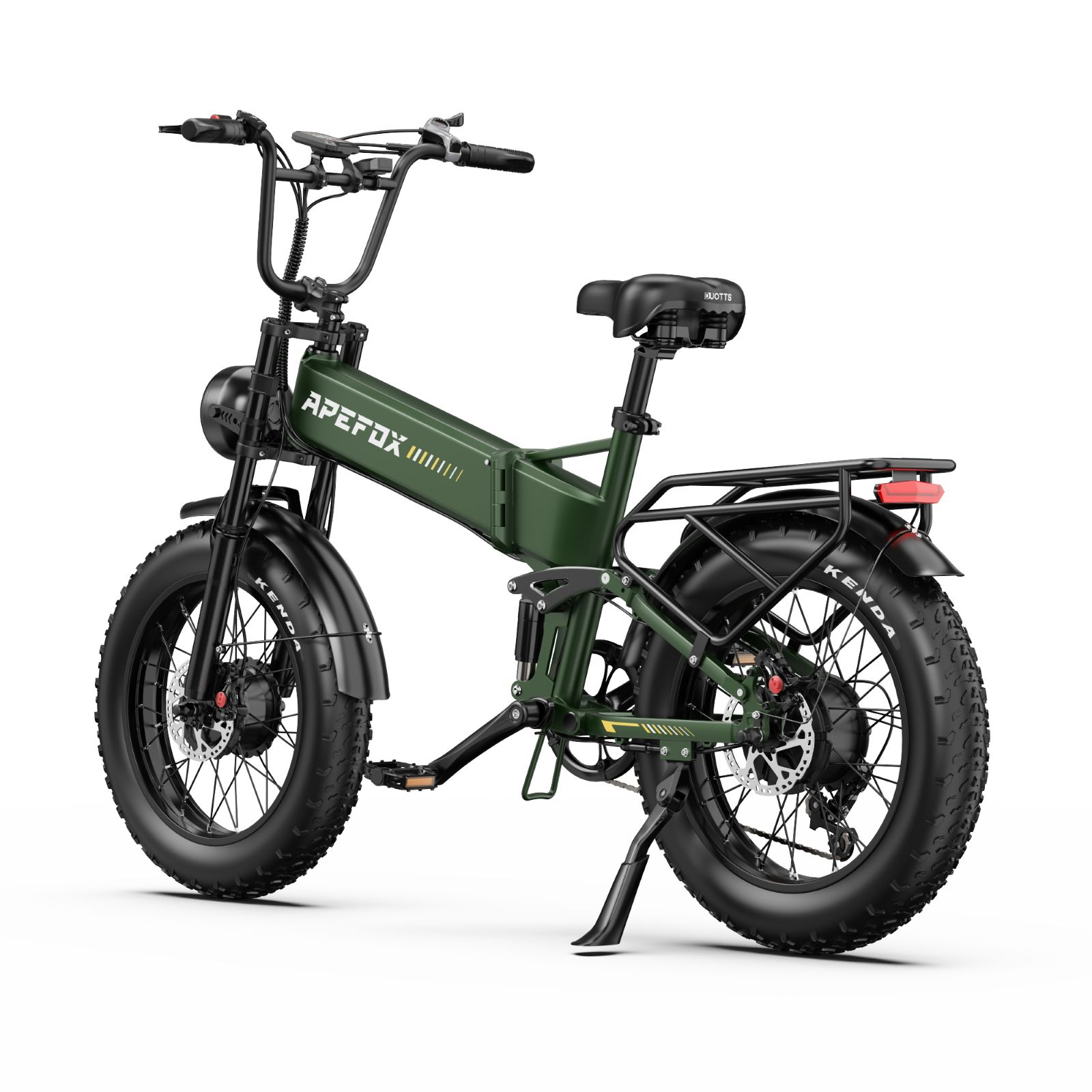 Una bicicleta eléctrica Apefox verde de llantas anchas con guardabarros negros.