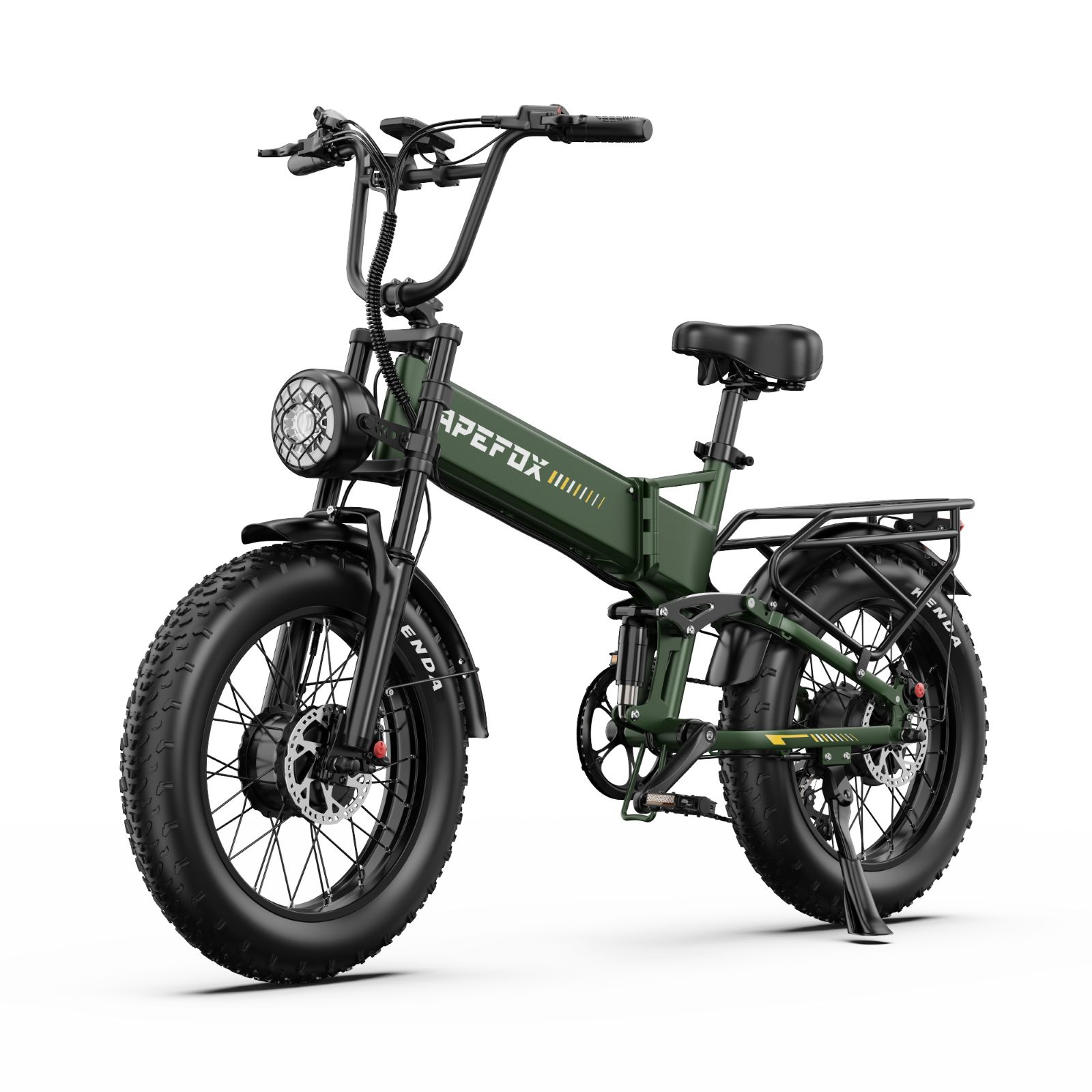 Una e-bike verde con llantas anchas, faro redondo y portaequipajes trasero.