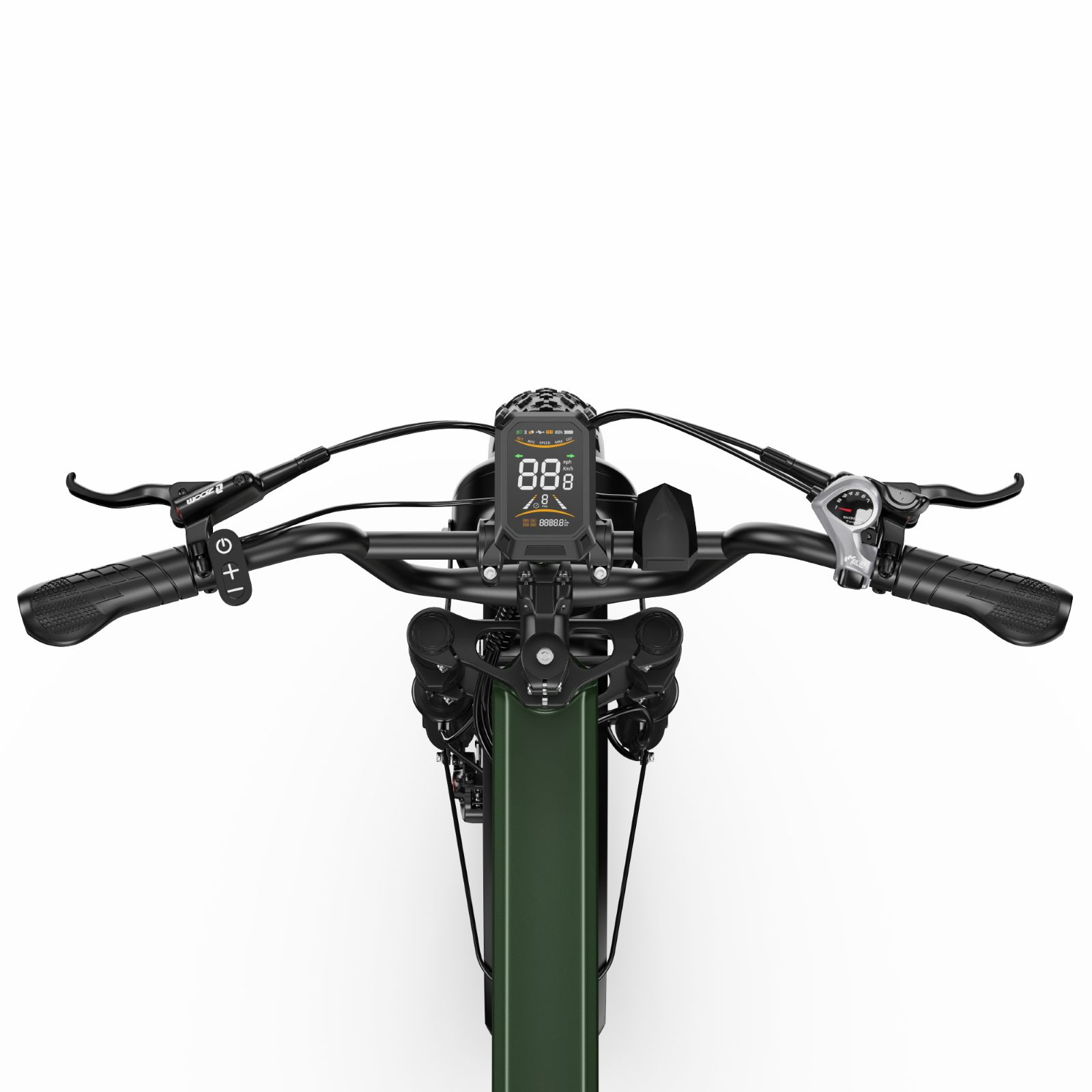 Manillar verde de e-scooter con pantalla digital y controles.