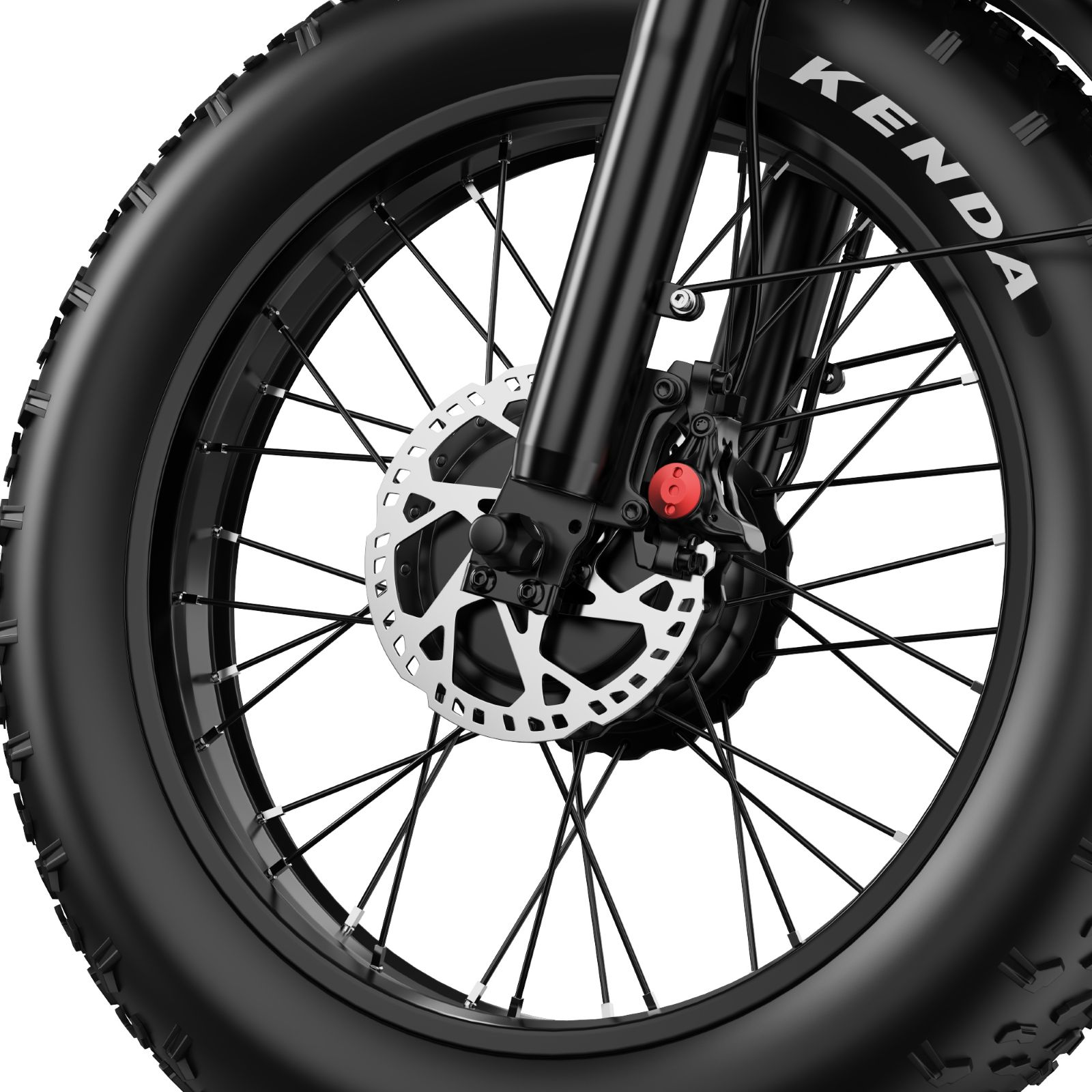 Rueda de bicicleta negra con freno de disco y horquilla.