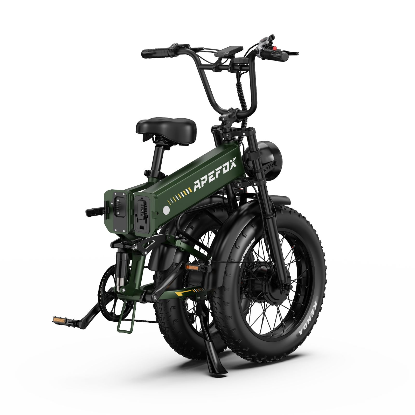 Bicicleta eléctrica plegable verde oscuro con neumáticos anchos y sillín negro.