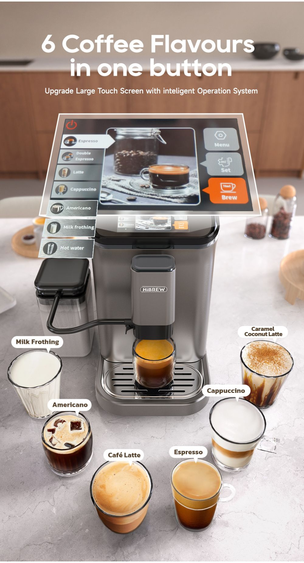 Máquina de café con pantalla táctil que muestra 6 opciones de café: Espresso, Latte, Cappuccino.
