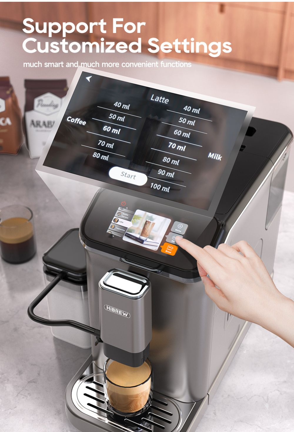 Máquina de café con pantalla táctil que muestra ajustes personalizados para café y latte.