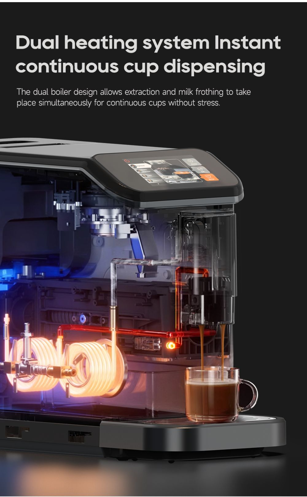 Máquina de café con doble sistema de calefacción sirviendo café en una taza.