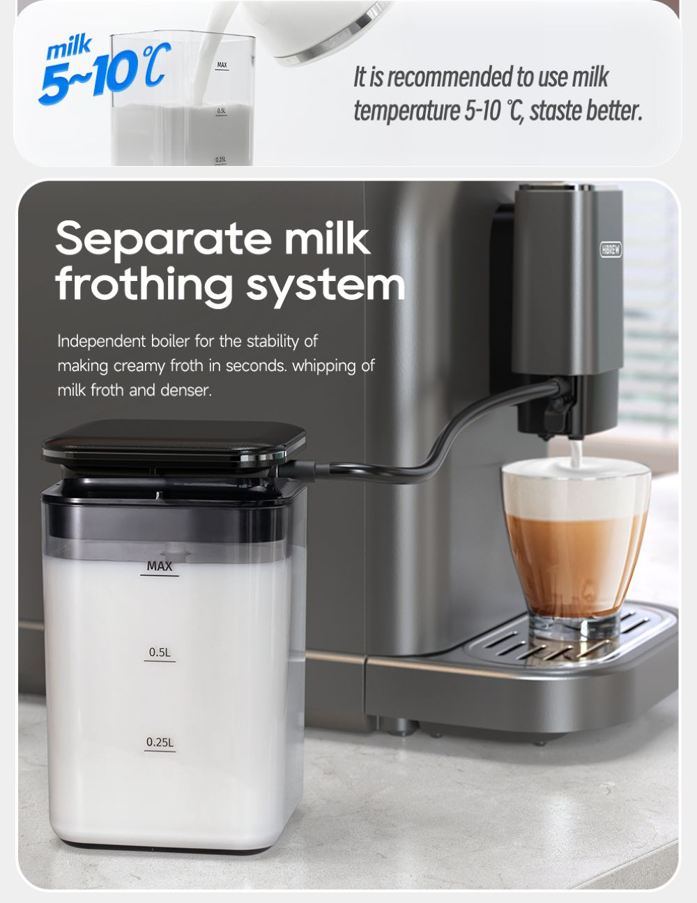 El recipiente de leche y la máquina de café muestran un sistema de espumación de leche.